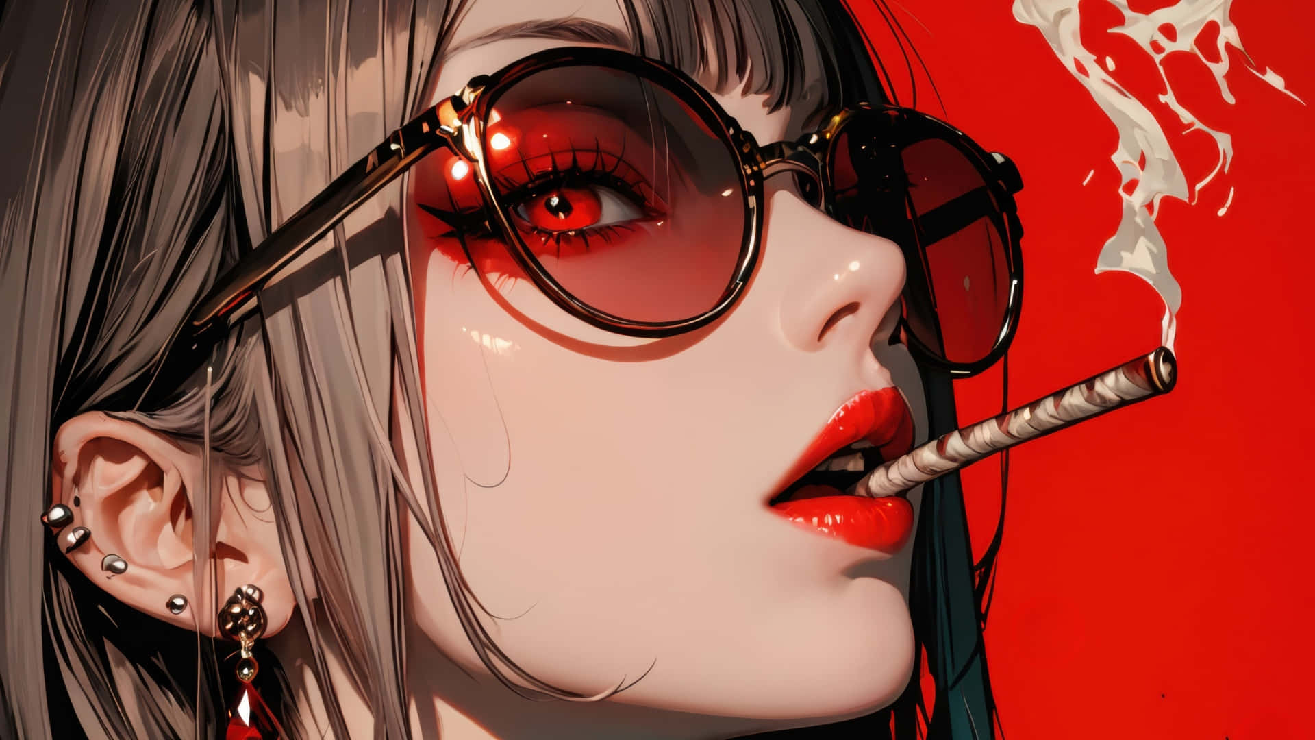 anime woman, red eyes, red lips, Full HD Desktop Wallpaper