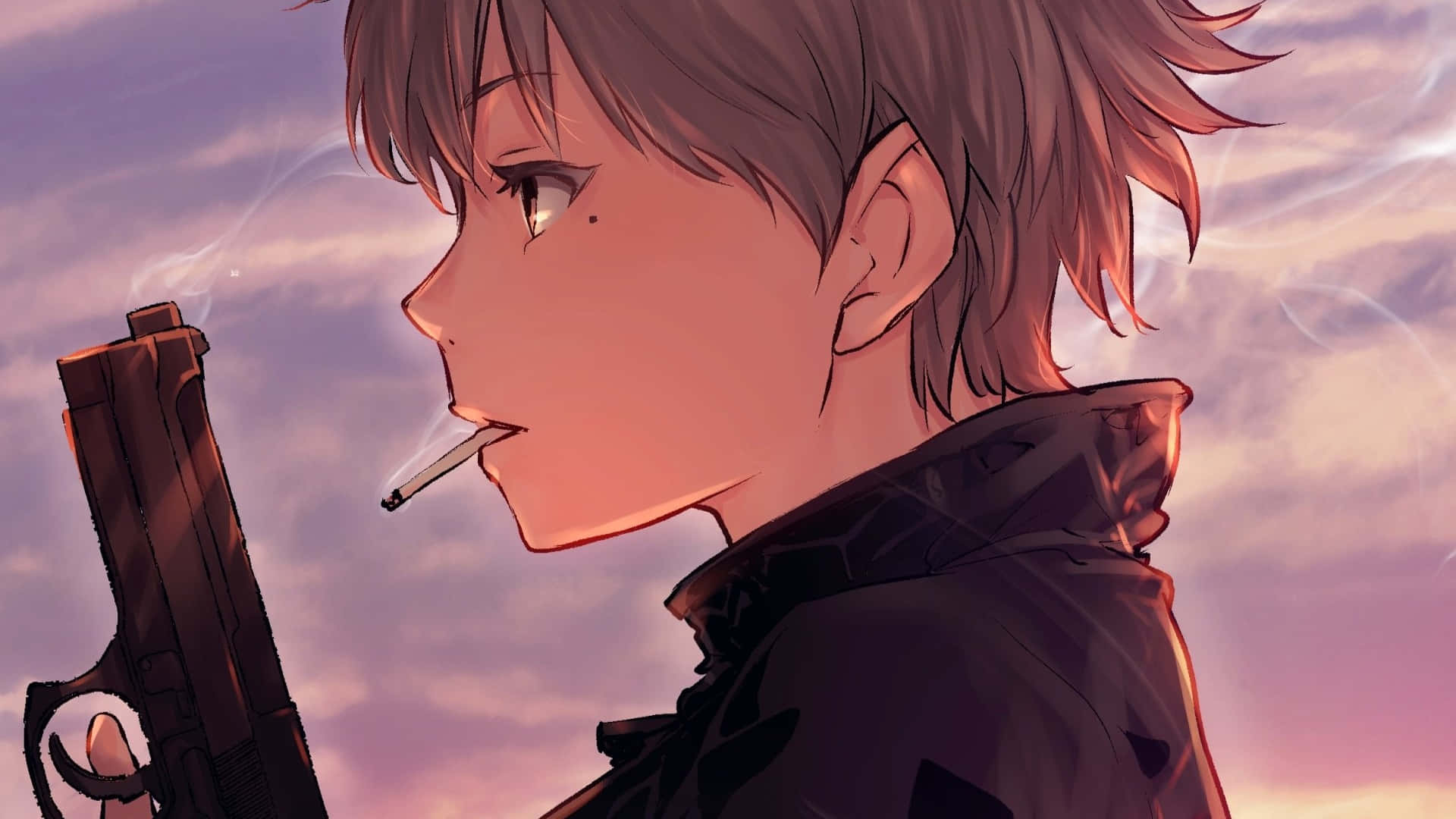 anime character, smoking gun, cigarette, Full HD Desktop Wallpaper