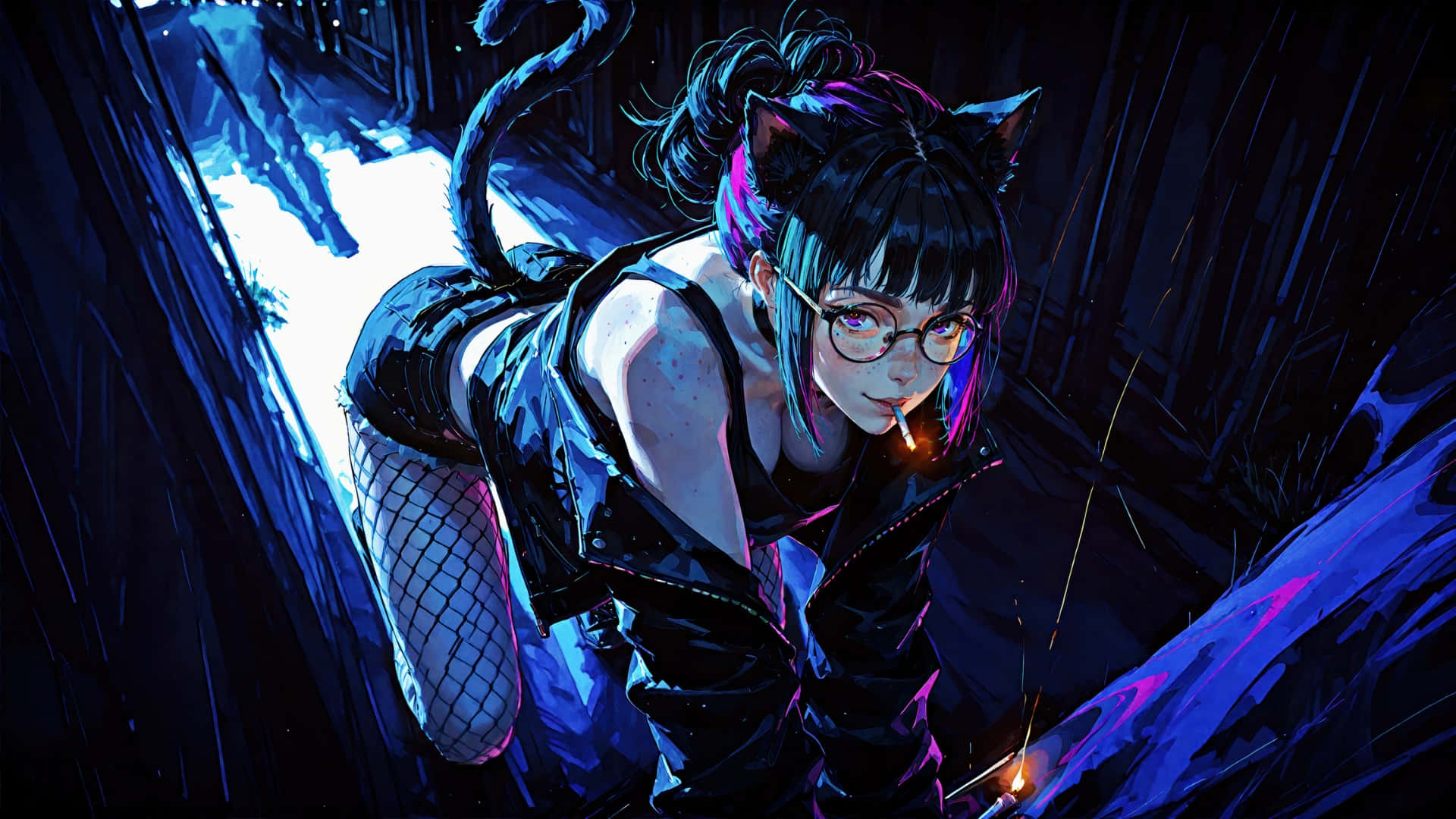 anime girl, catgirl, glasses, Full HD Desktop Wallpaper