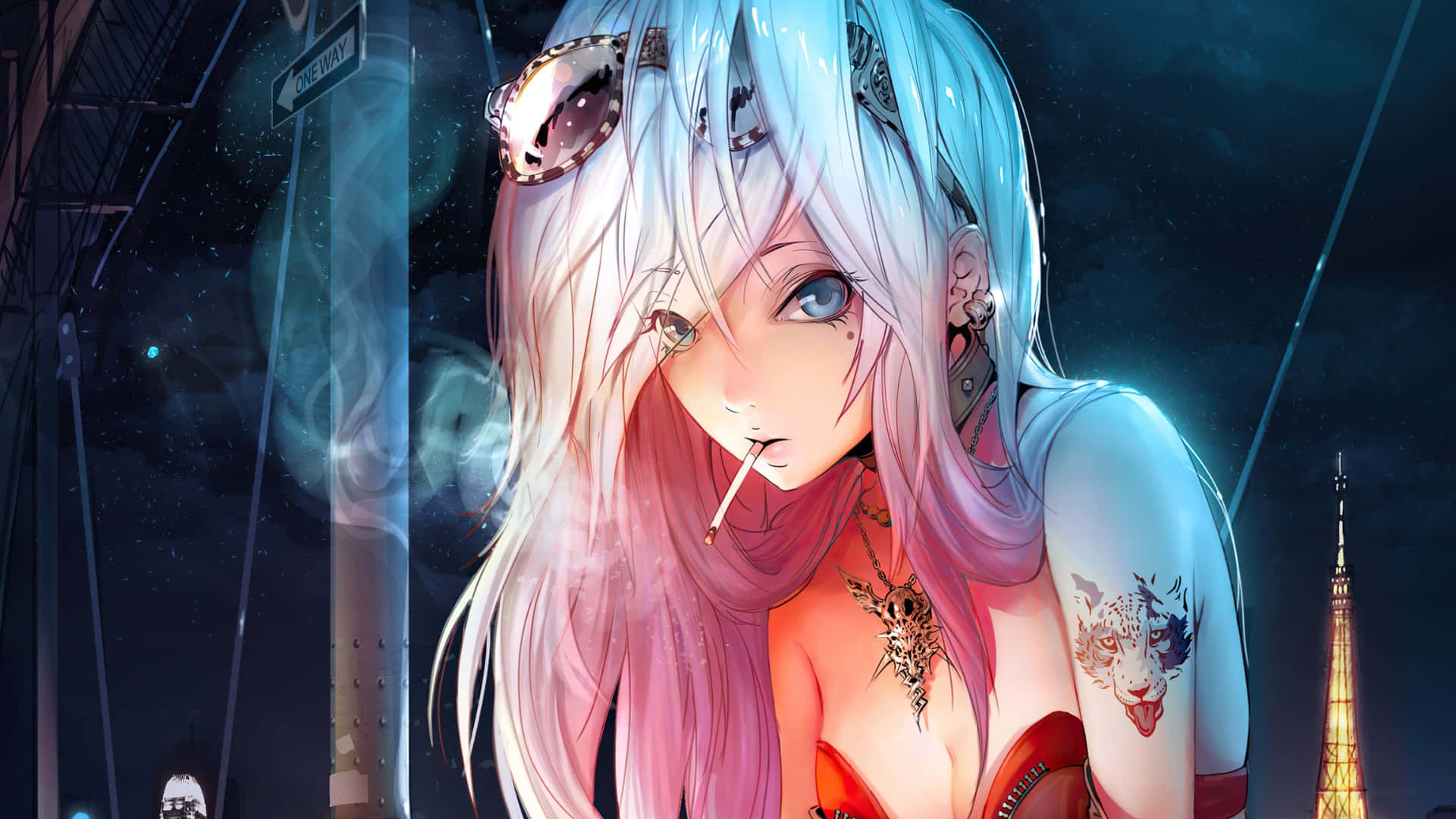 cyberpunk anime girl, silver hair, tattoos, Full HD Desktop Wallpaper