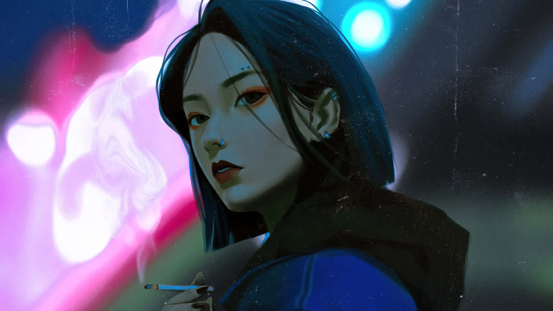 cyberpunk anime girl, dark hair, red eyes, Full HD Desktop Wallpaper