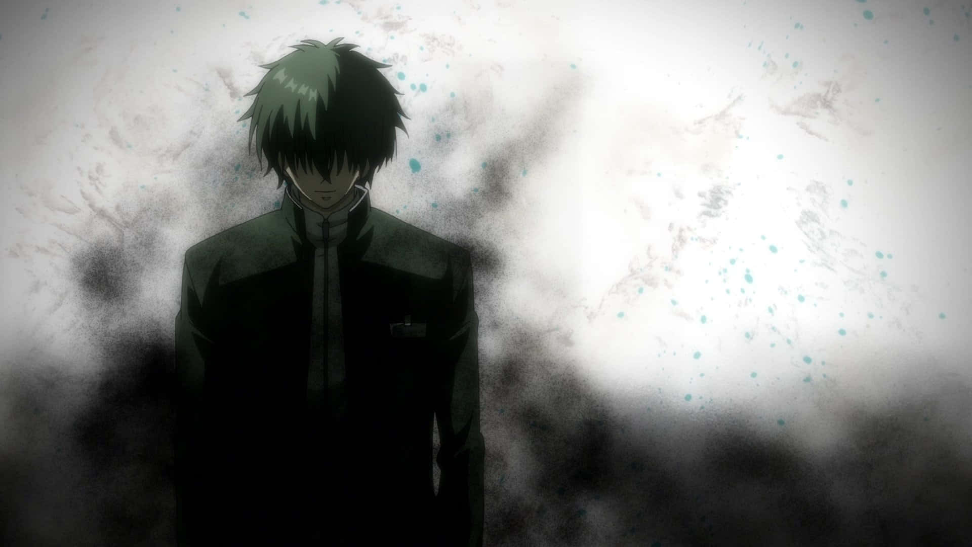anime boy, spiky green hair, smoky white background, Full HD Desktop Wallpaper