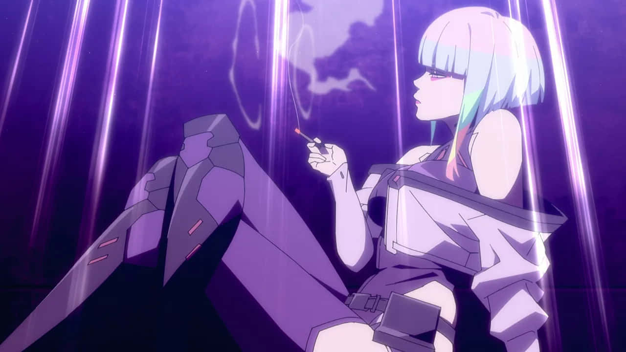 cyberpunk anime girl, pastel hair, purple glowing mech, HD Desktop Wallpaper
