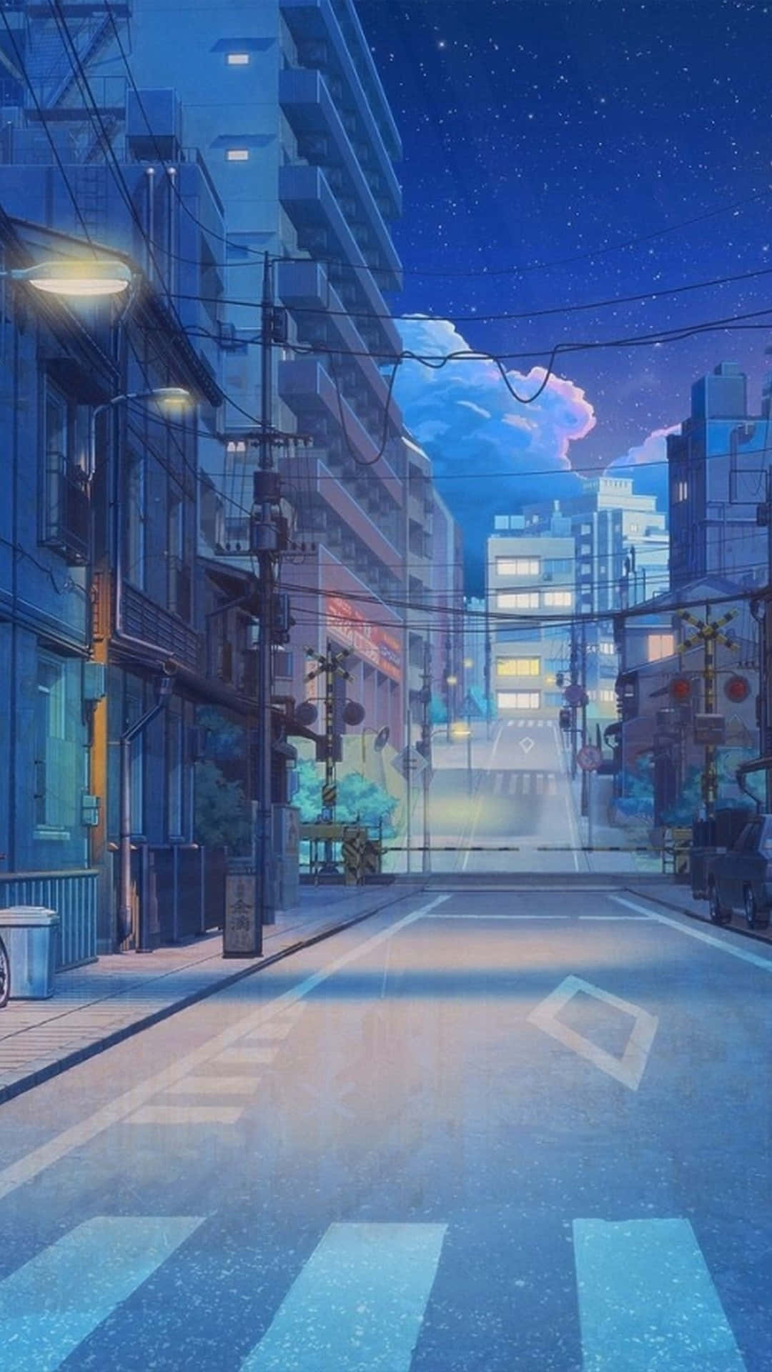 Anime Street, twilight, glowing streetlights, Full HD Phone Wallpaper