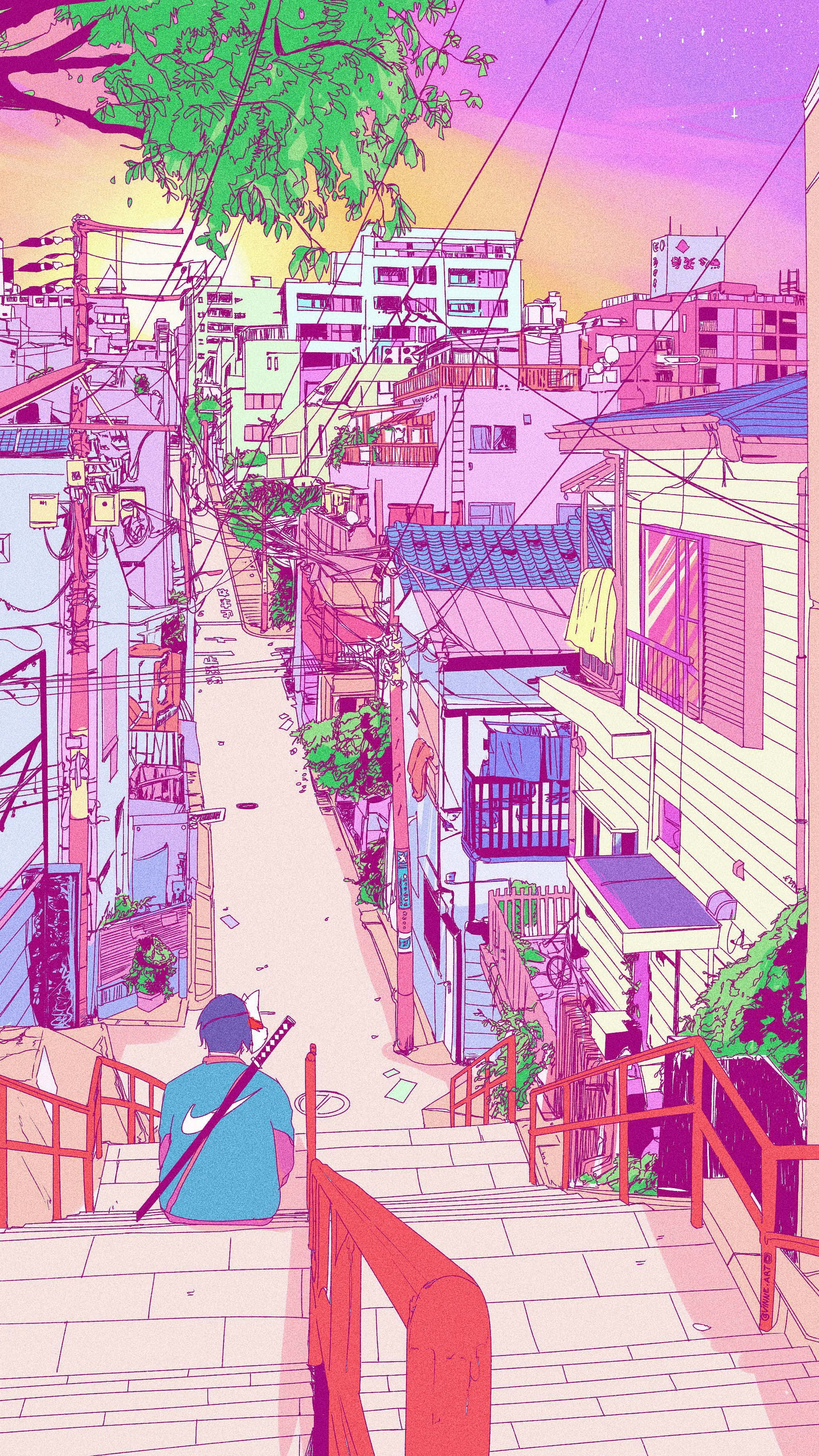 90s anime, blue shirt, vibrant pink and purple neon-lit urban alleyway, 2K Phone Wallpaper