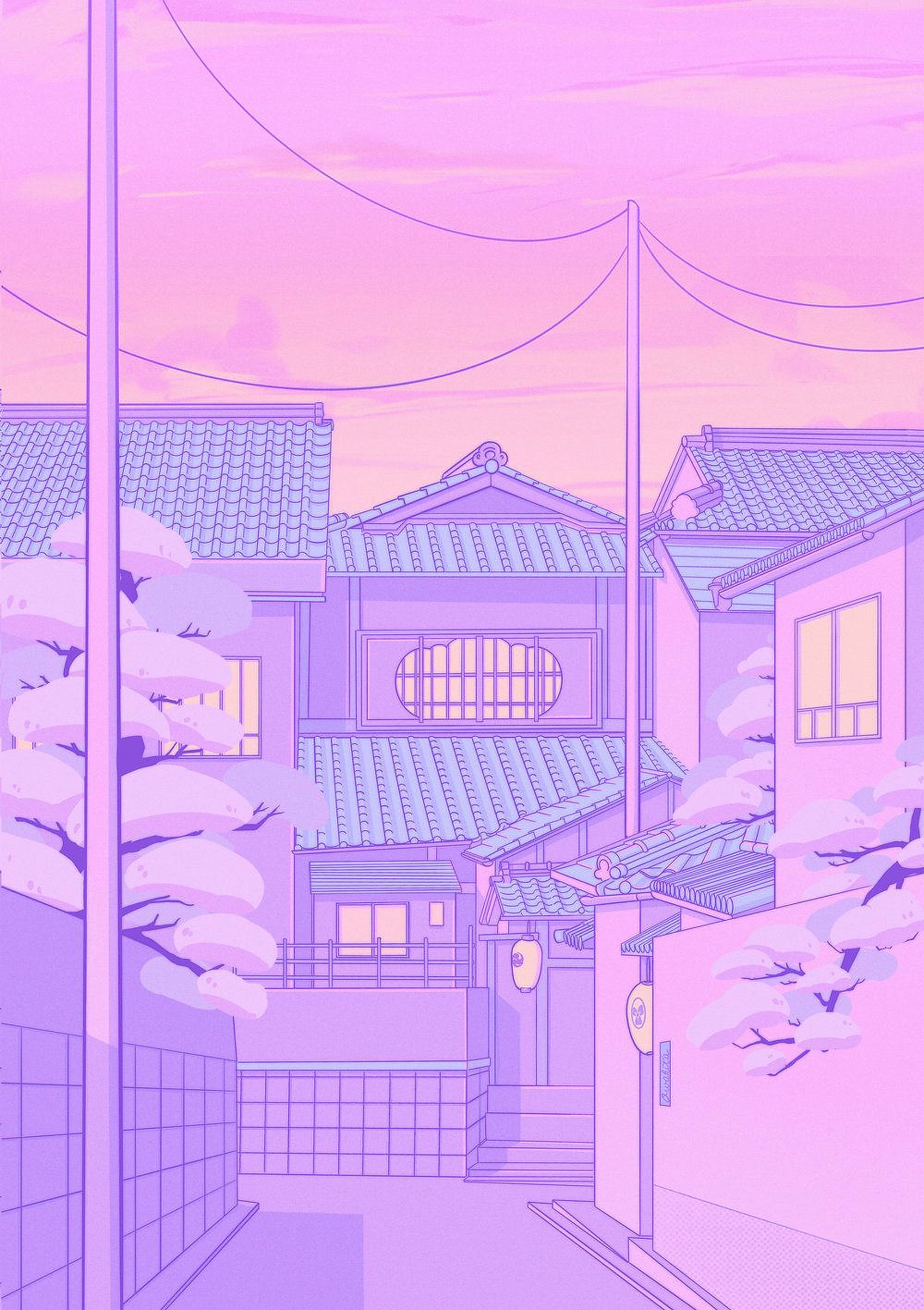 Anime Street, pastel sky, cherry blossoms, 2K Phone Wallpaper