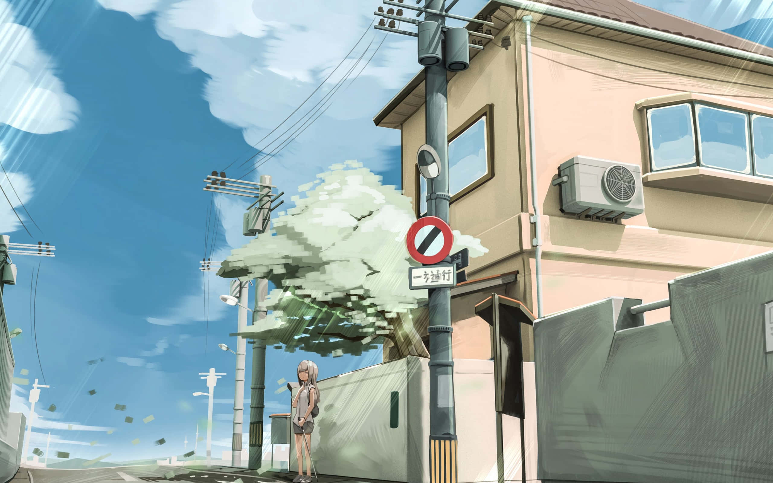 anime girl, pixelated tree, quiet street corner, 2K Desktop Wallpaper