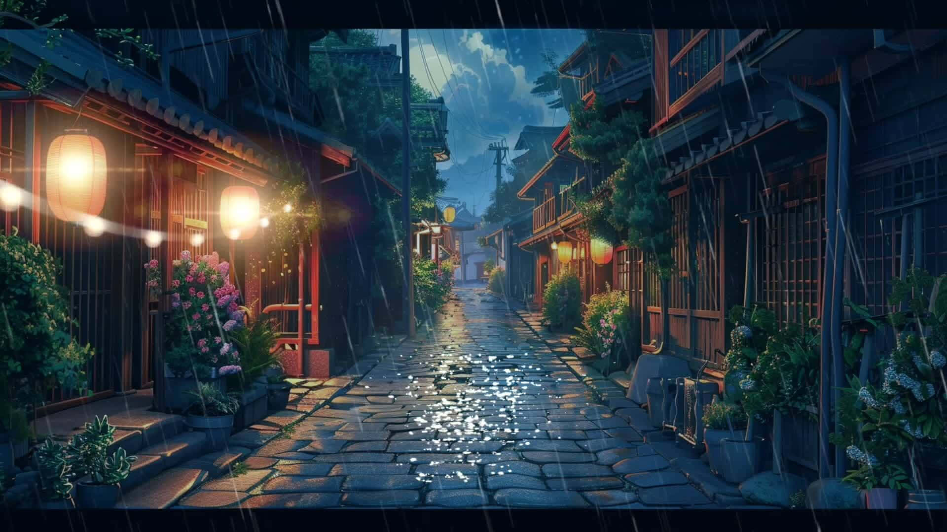 rainy night, narrow stone alleyway, traditional wooden buildings, Full HD Desktop Wallpaper