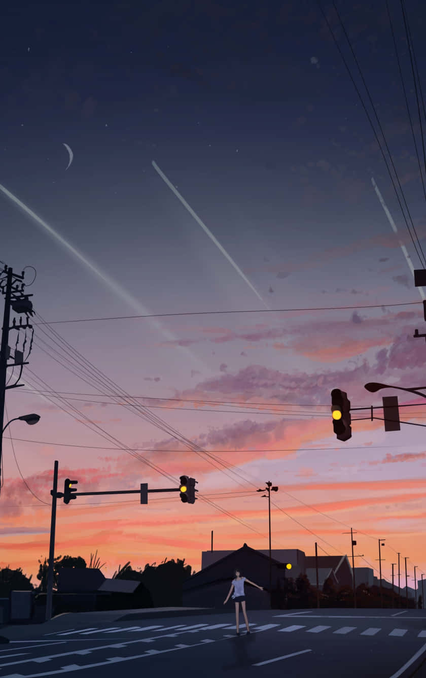 twilight crosswalk, twilight sky, pink orange and purple, HD Phone Wallpaper