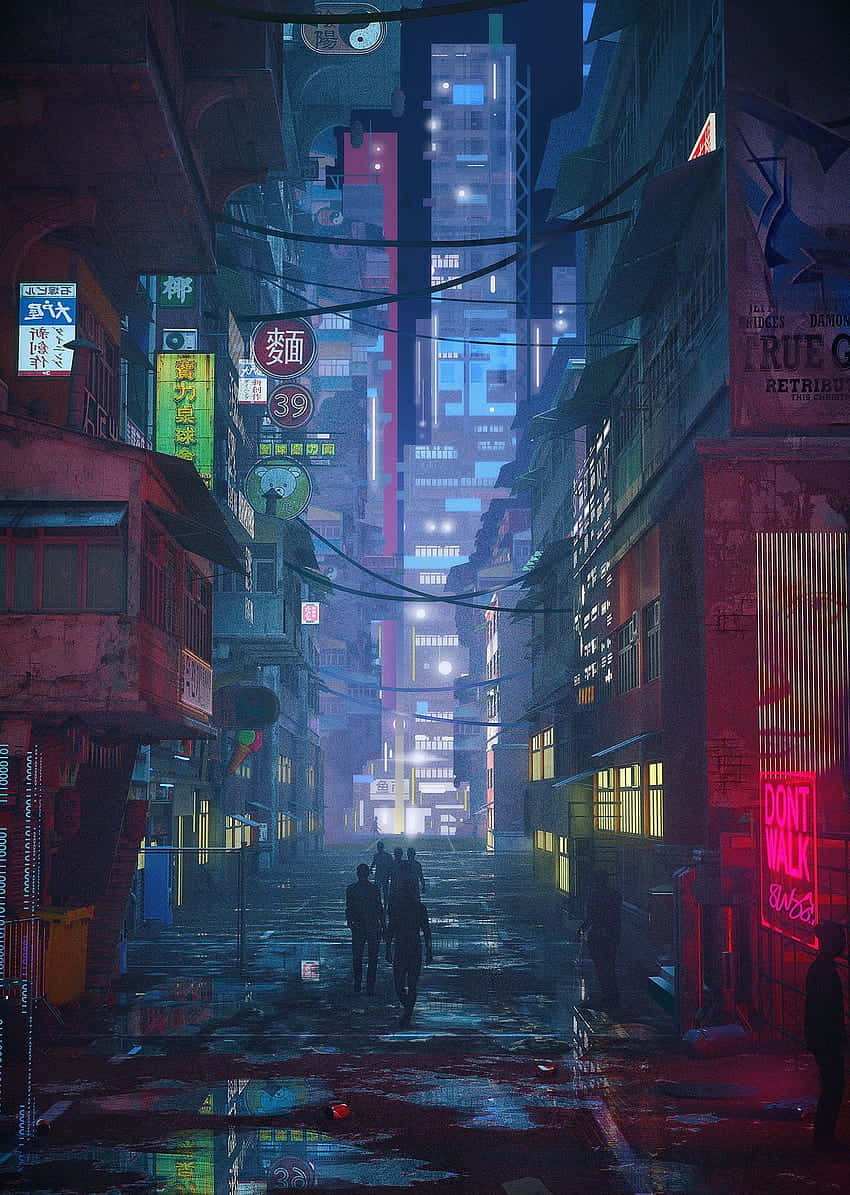 cyberpunk alleyway, neon-lit alleyway, rain-slicked alleyway, SD Phone Wallpaper