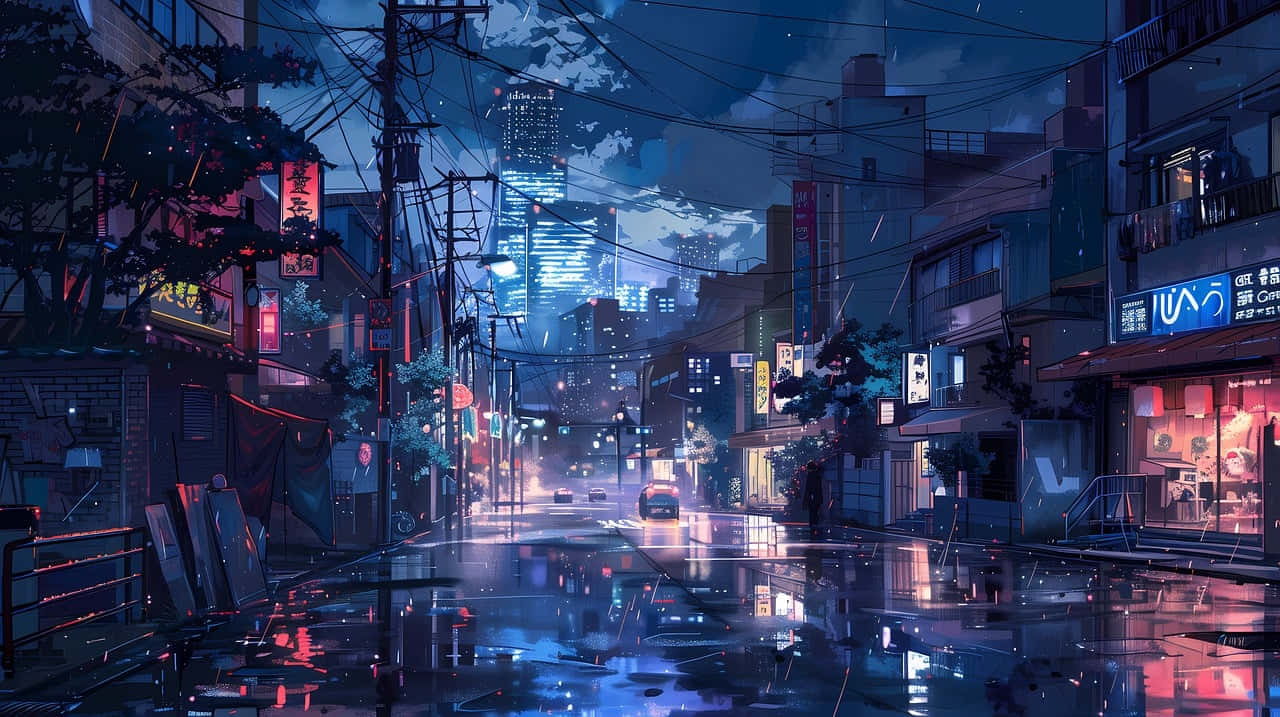 neon drenched, anime cityscape, night, HD Desktop Wallpaper