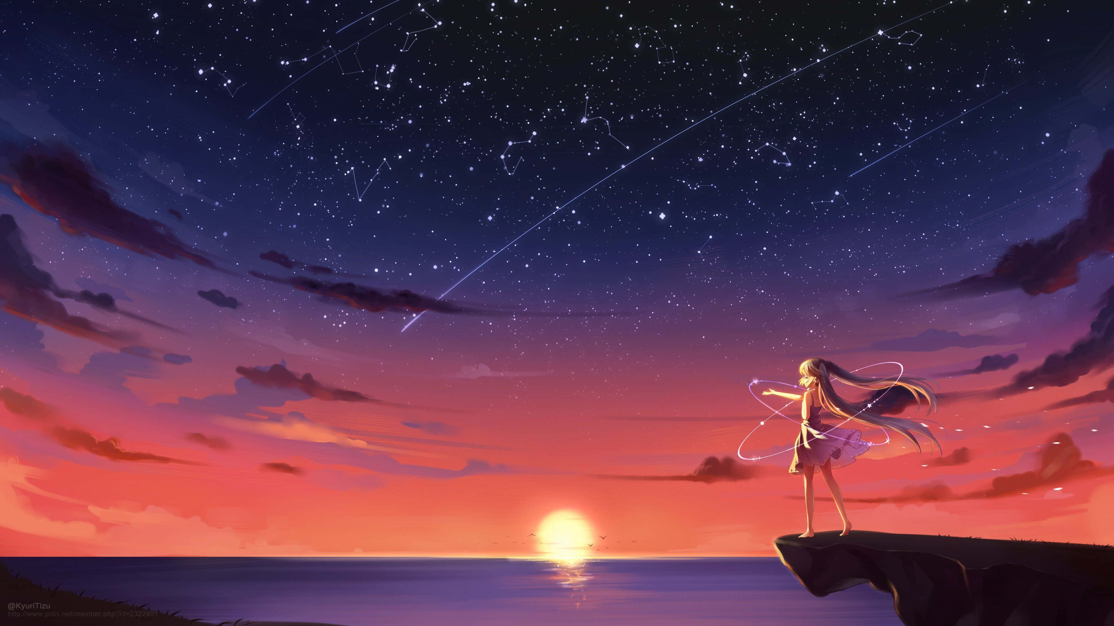 anime girl, cliff, sunset, 4K Desktop Wallpaper