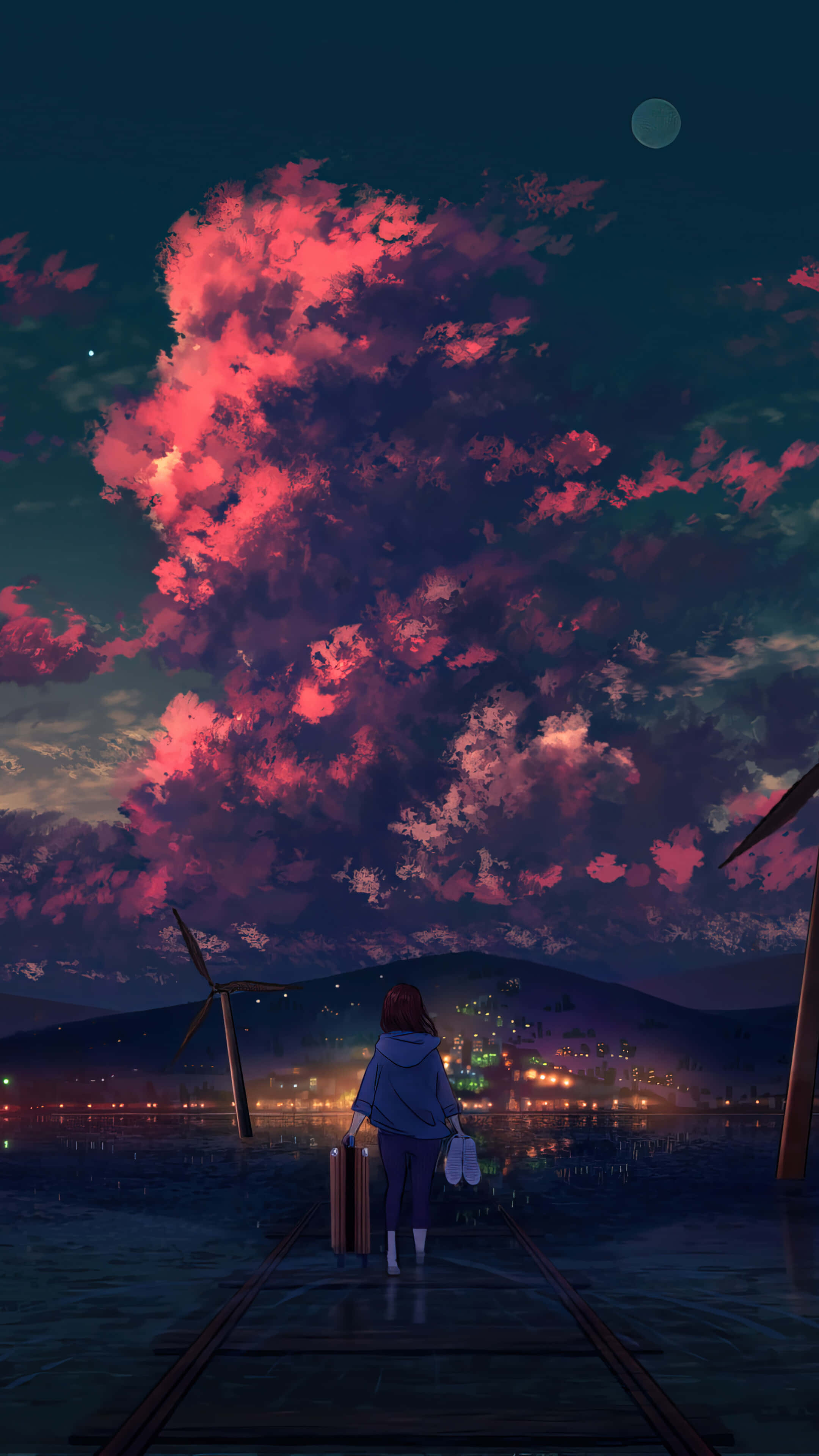 Anime Sunset, pink and purple twilight sky, wet train tracks, 4K Phone Wallpaper