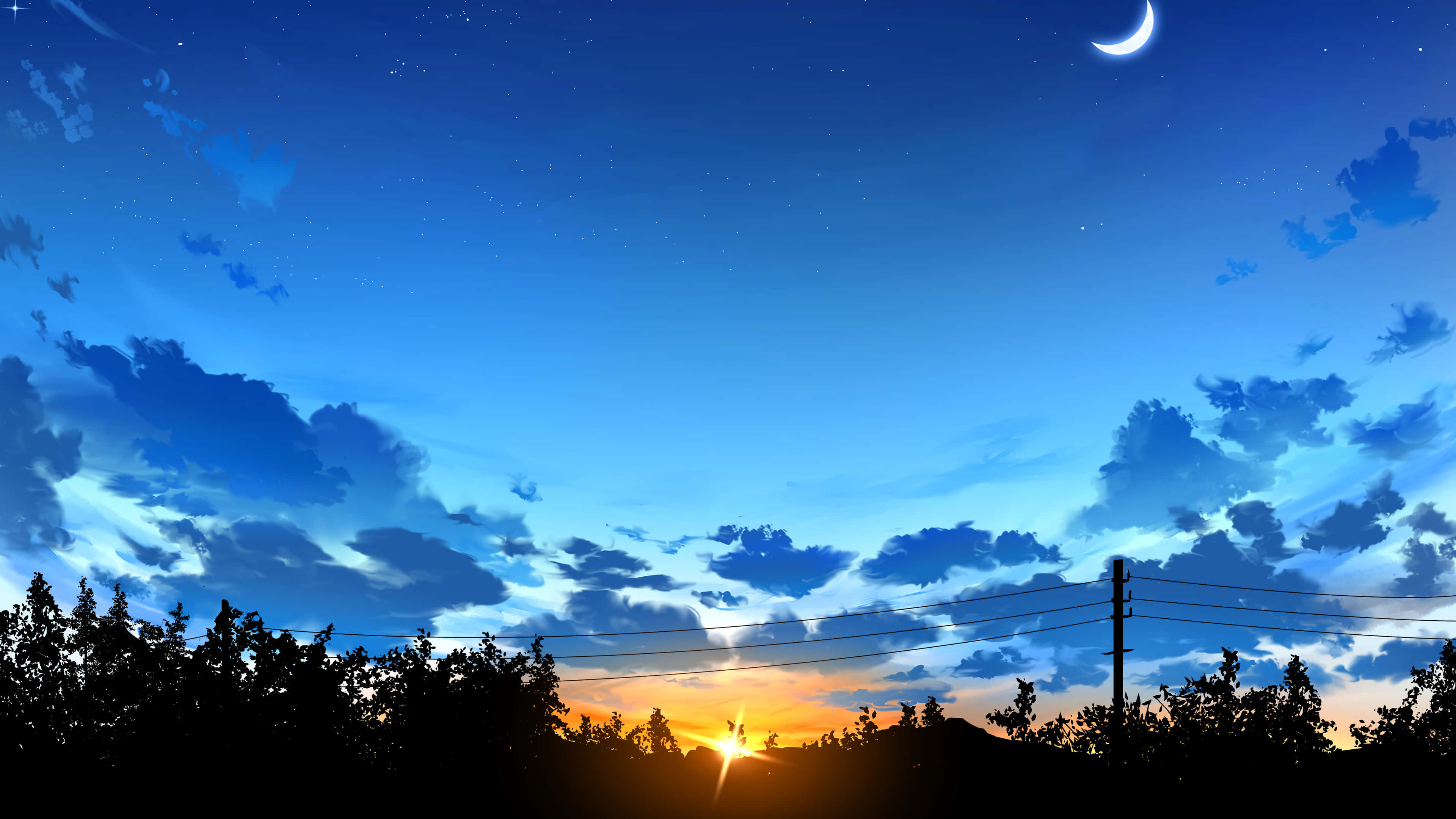 Anime Sunset, crescent moon, stars, 4K Desktop Wallpaper