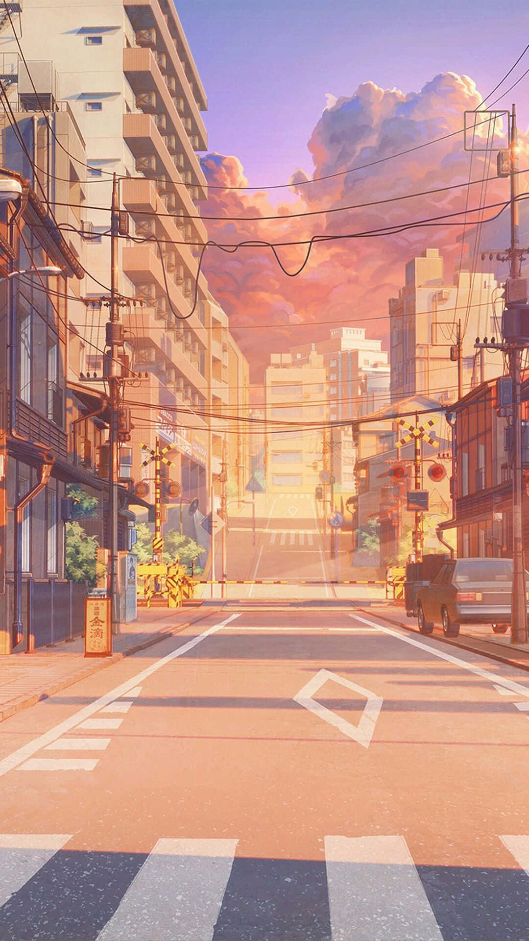 Anime Sunset, sunset, urban street, Full HD Phone Wallpaper