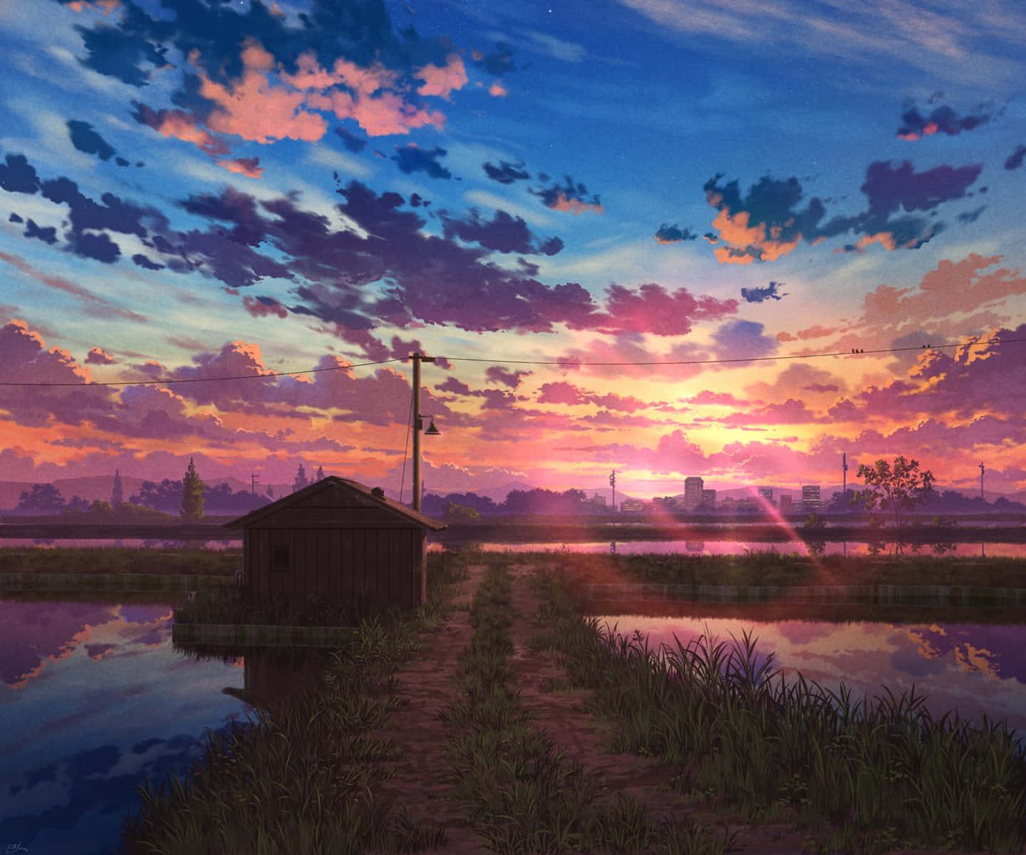 Anime Sunset, sunset, pink purple and blue sky, HD Desktop Wallpaper