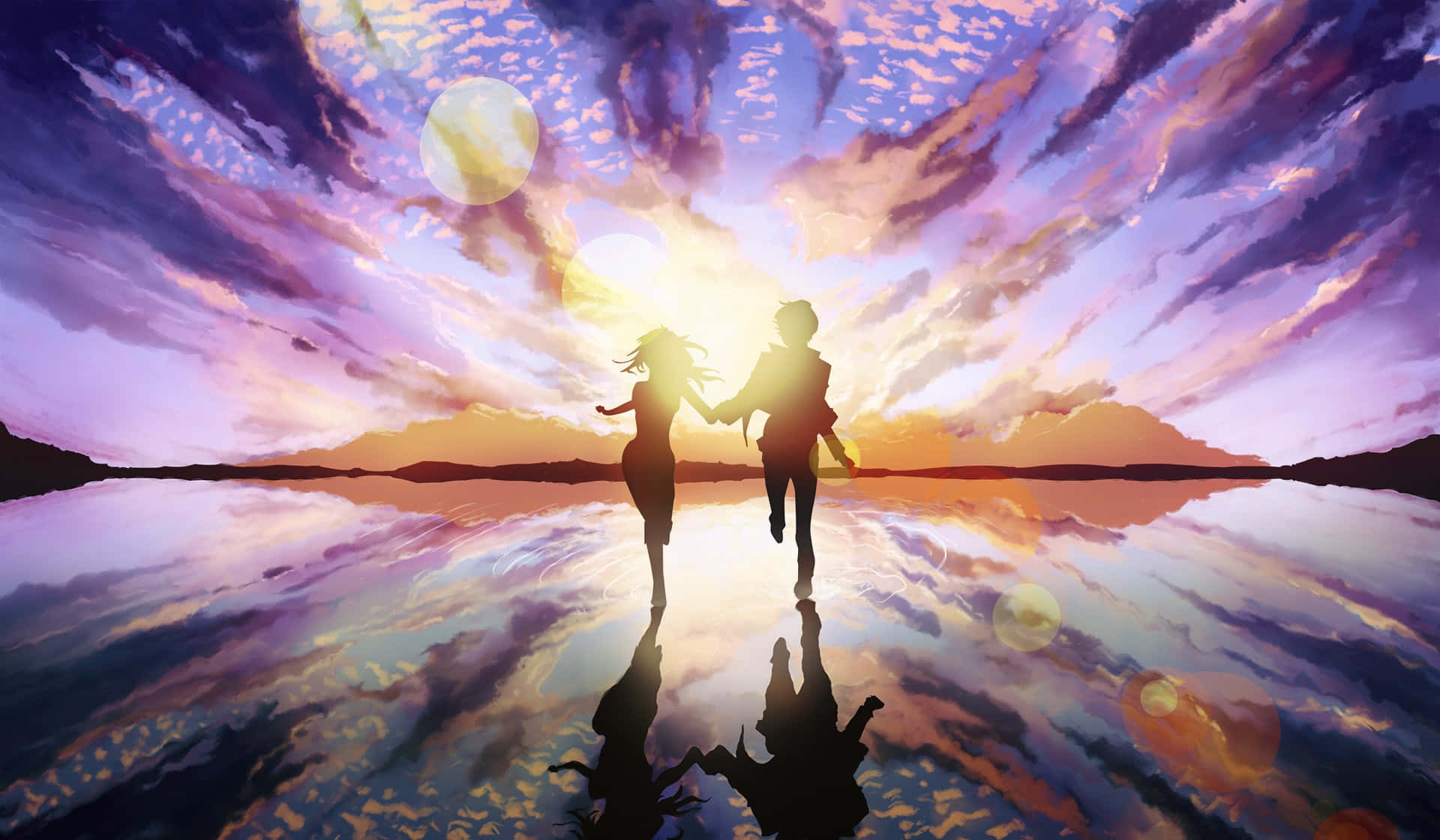Anime Sunset, sunset, reflective lake, Full HD Desktop Wallpaper
