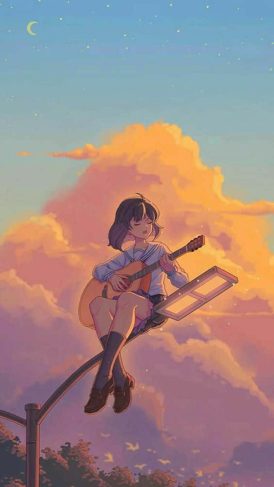 anime girl, dark hair, streetlight, SD Phone Wallpaper