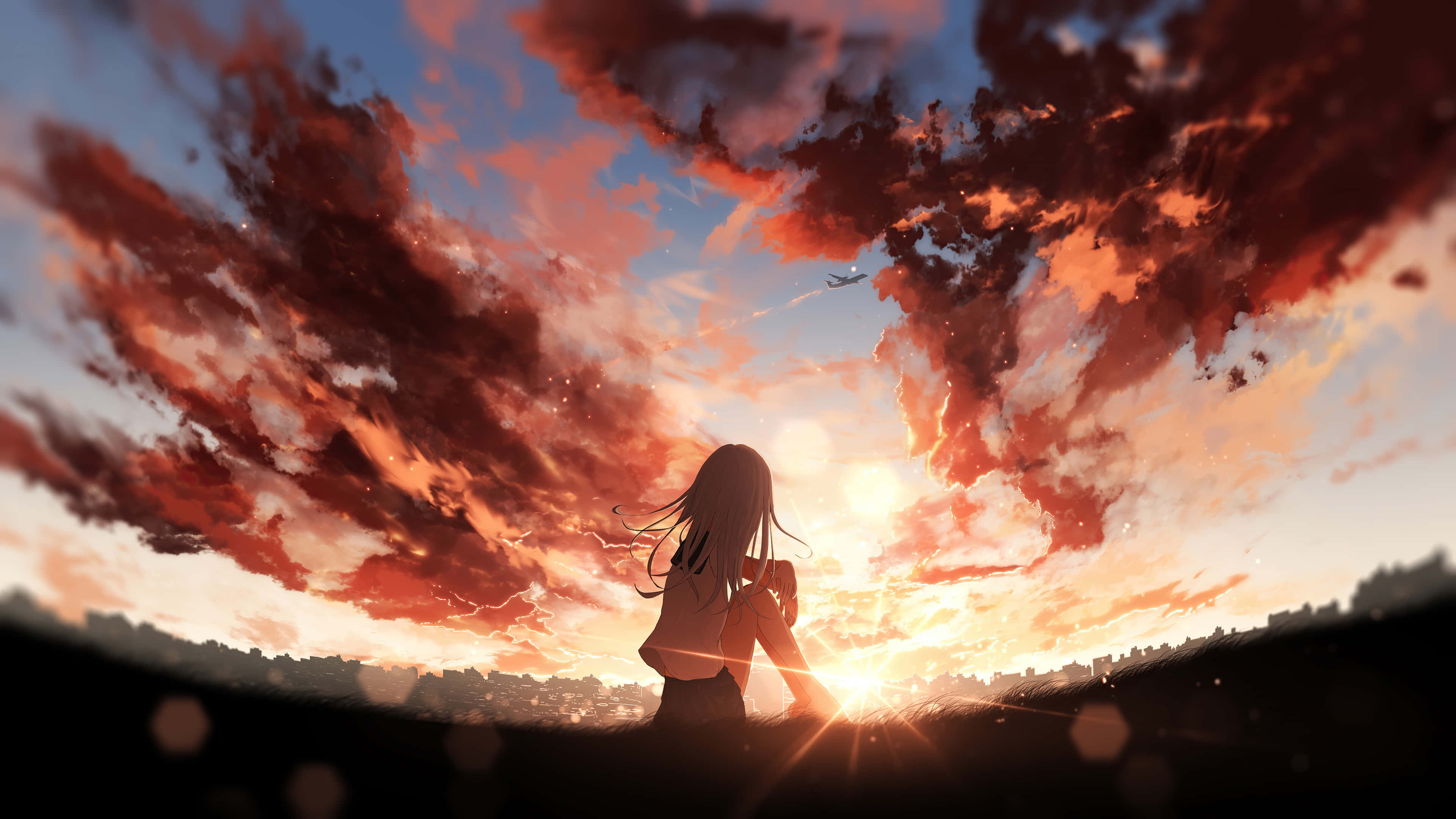Anime Sunset, anime girl, fiery sunset sky, 4K Desktop Wallpaper