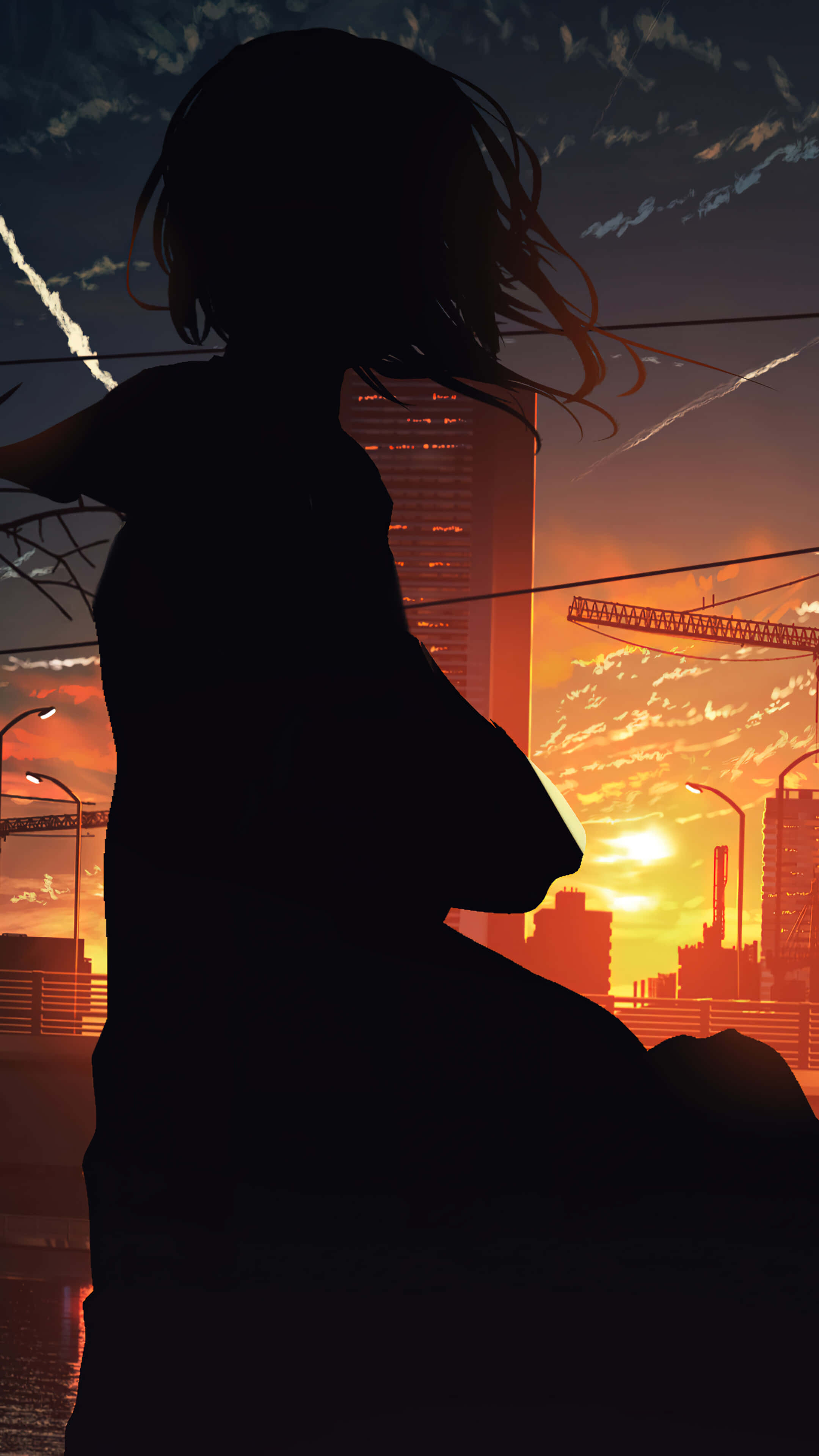 Anime Sunset, vibrant orange sunset, city skyline, 4K Phone Wallpaper