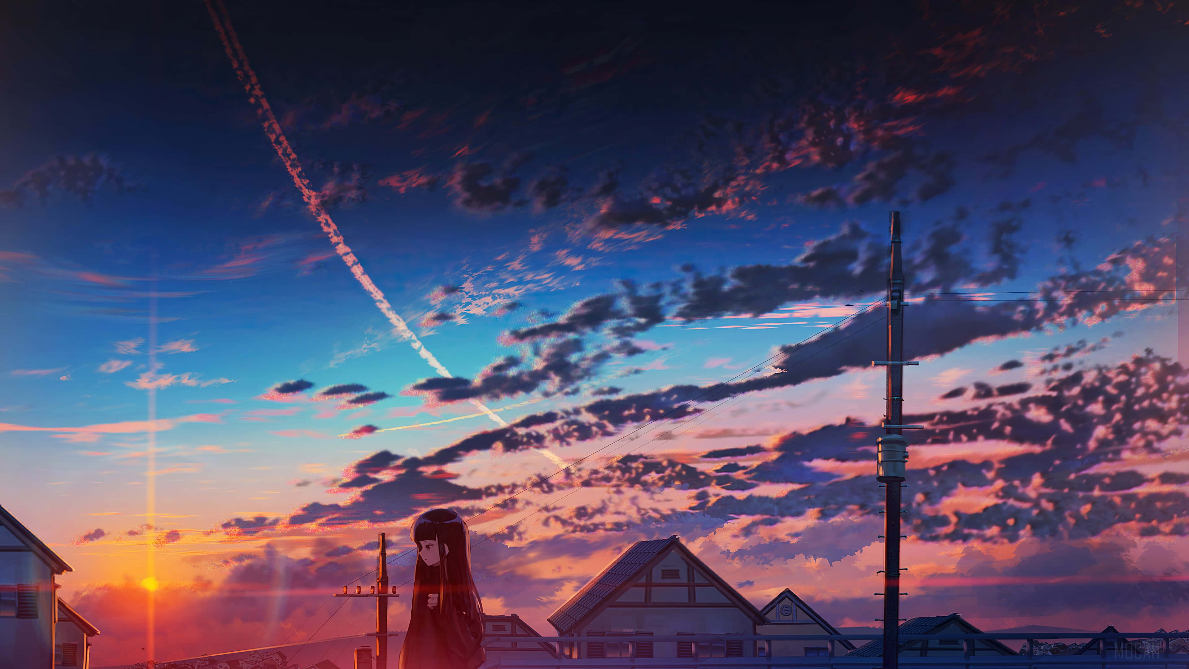 anime girl, suburban home, sunset, 4K Desktop Wallpaper