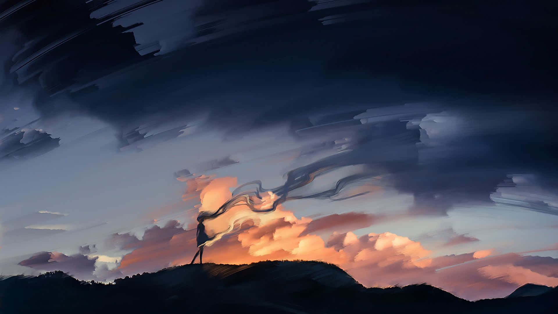 Anime Sunset, sunset, hill, Full HD Desktop Wallpaper