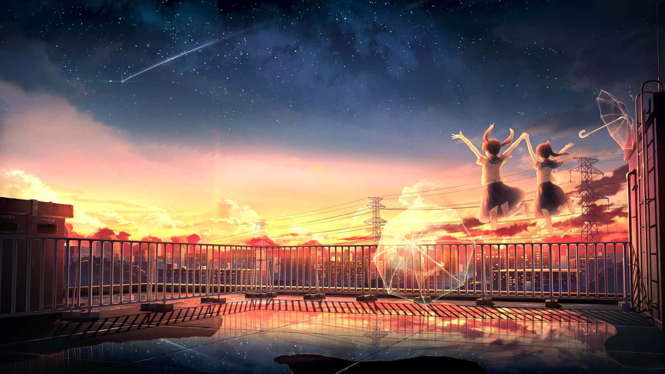 Anime Sunset, two anime girls, rooftop, Full HD Desktop Wallpaper
