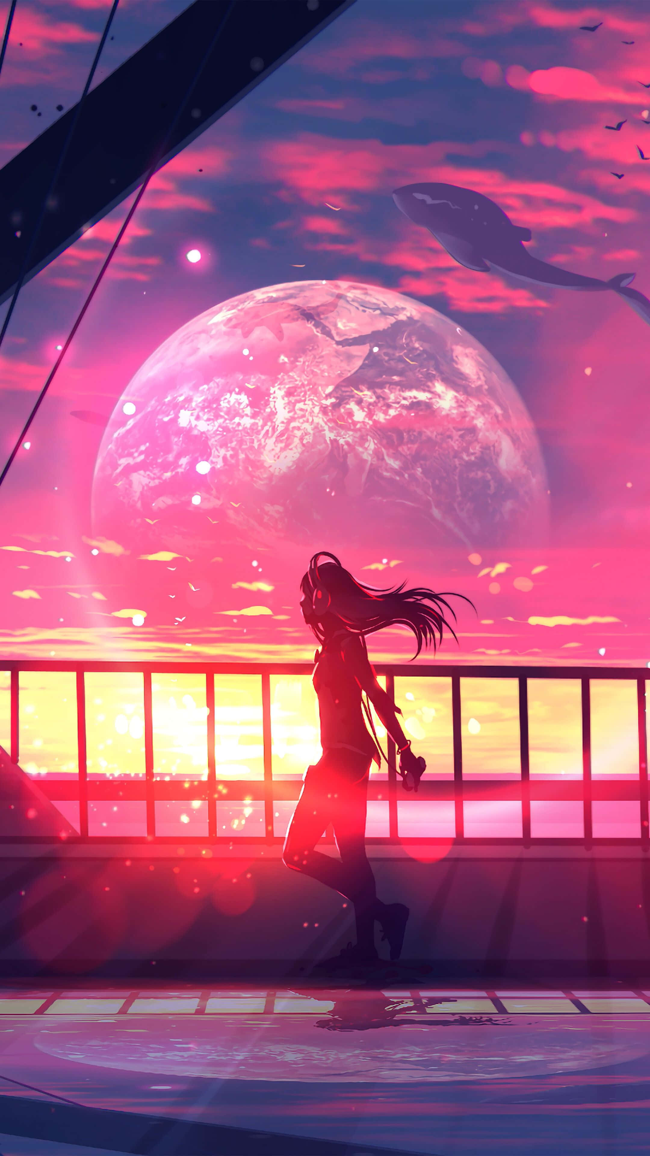 anime girl, bridge, sunset, 4K Phone Wallpaper
