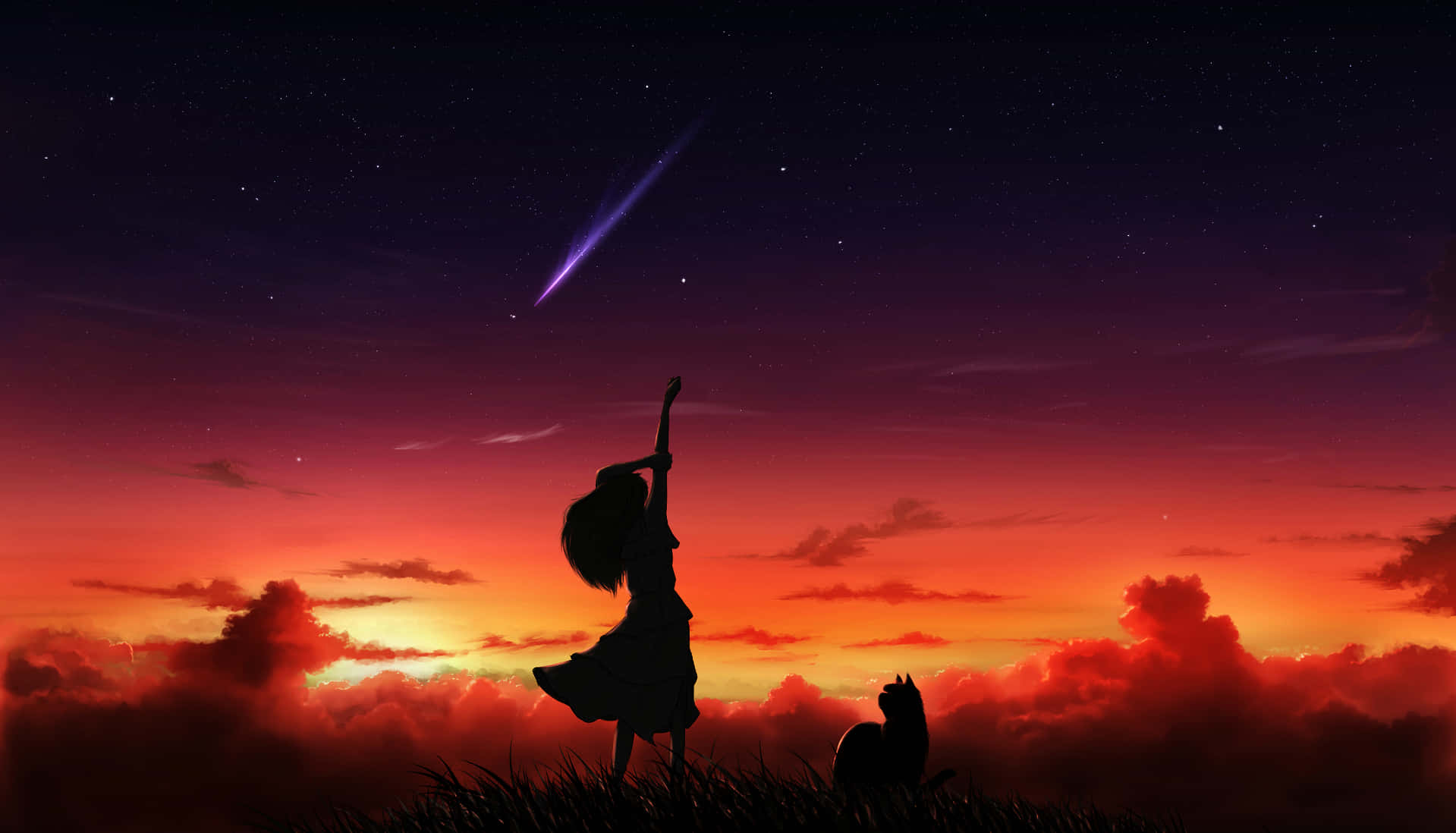 Anime Sunset, shooting star, fiery sunset sky, HD Desktop Wallpaper