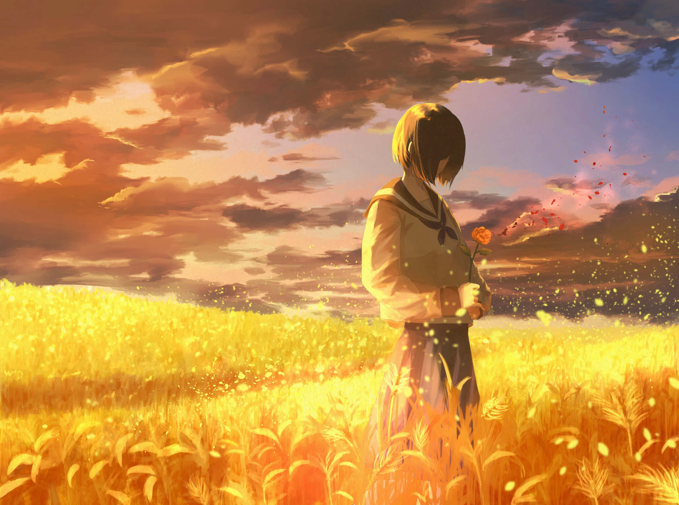 Anime Sunset, anime girl, school uniform, Full HD Desktop Wallpaper