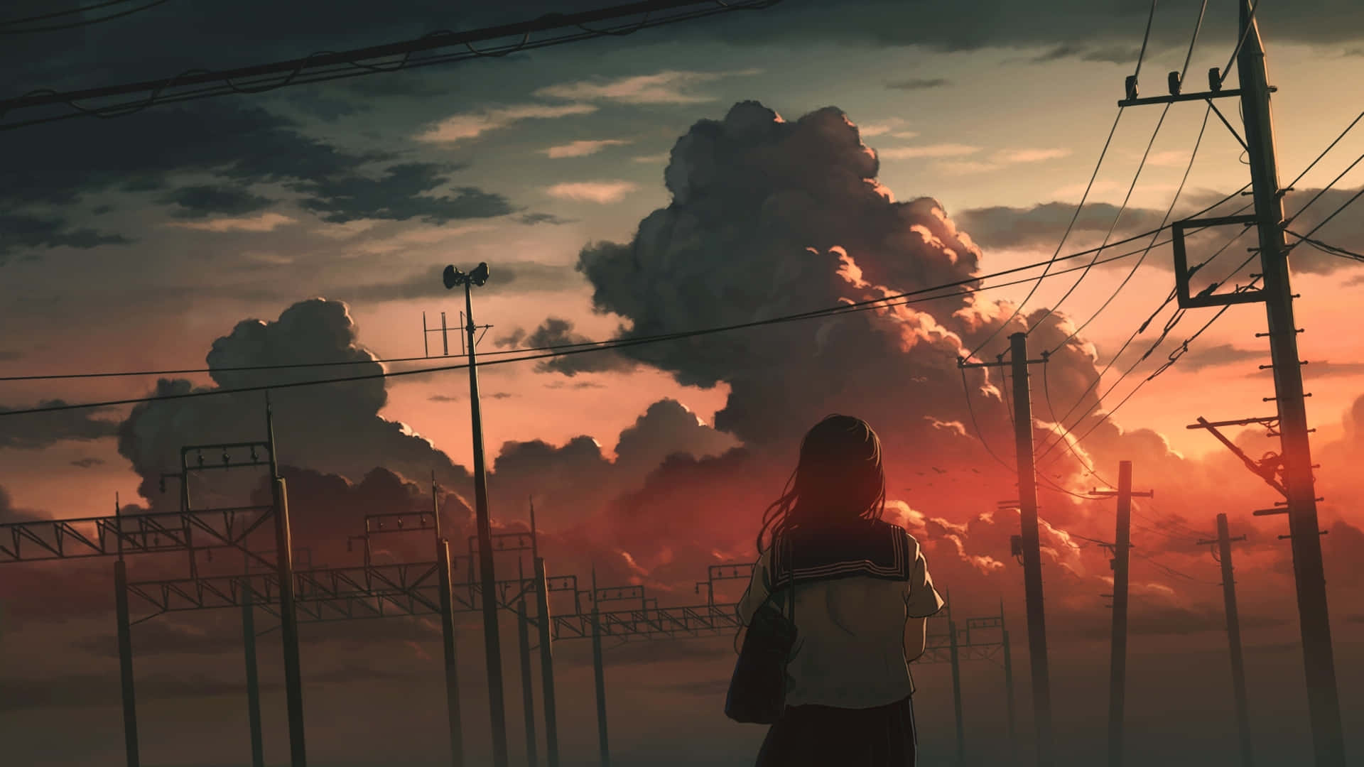 schoolgirl, school uniform, power lines, Full HD Desktop Wallpaper