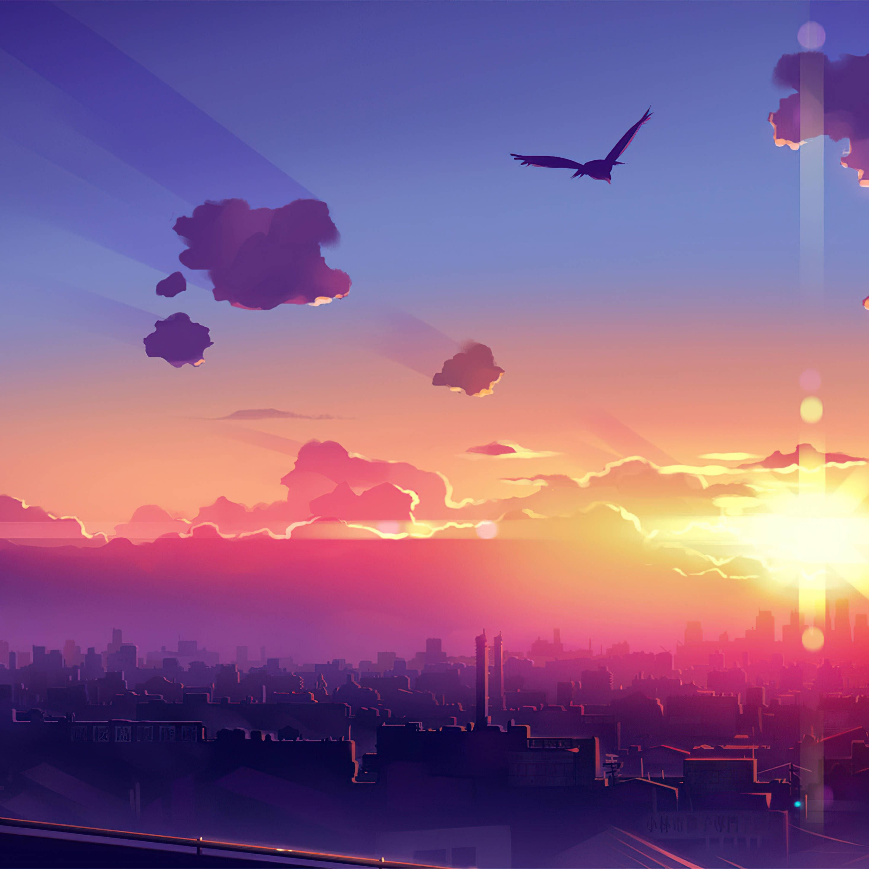Anime, Sunset, City, 2K Desktop Wallpaper