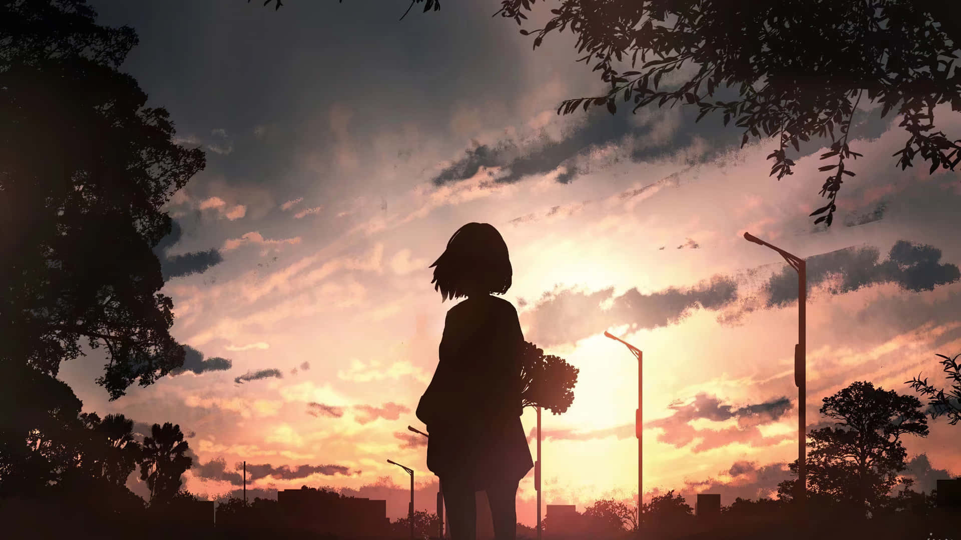 Anime Sunset, girl silhouette, vibrant sunset sky, Full HD Desktop Wallpaper