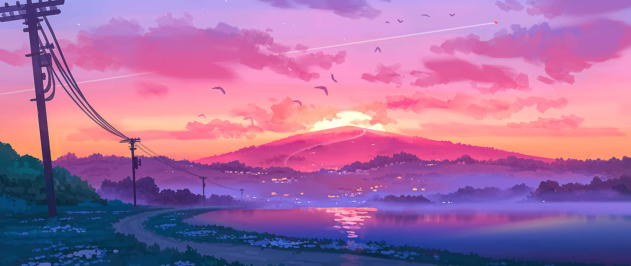 Anime Sunset, twilight landscape, winding road, 2K Desktop Wallpaper