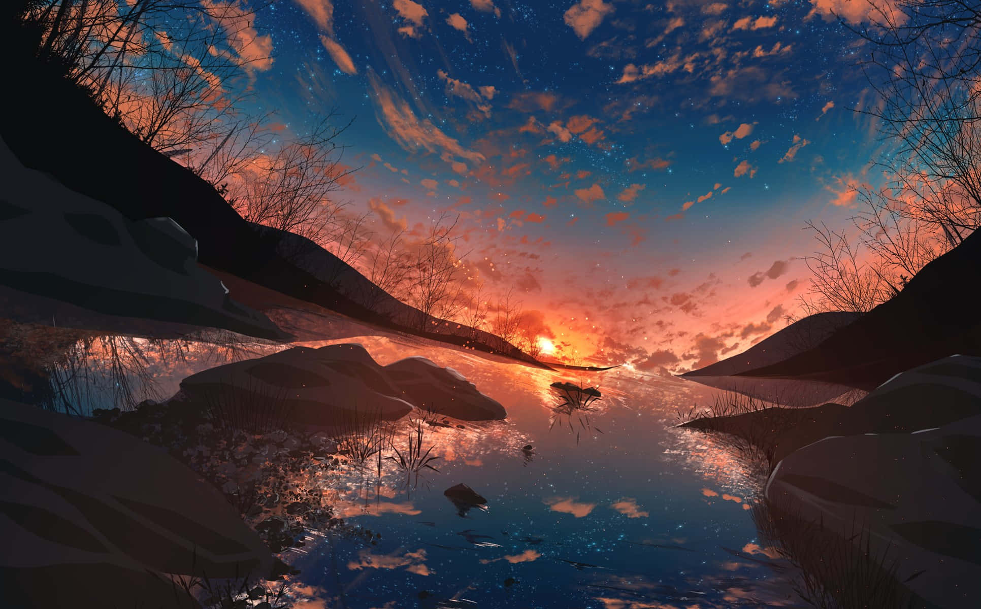Anime Sunset, twilight scene, starry sky, Full HD Desktop Wallpaper