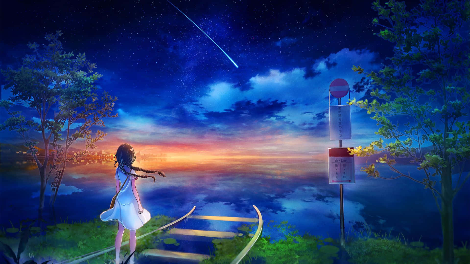 Night Anime Sky, orange horizon, shooting star, Full HD Desktop Wallpaper