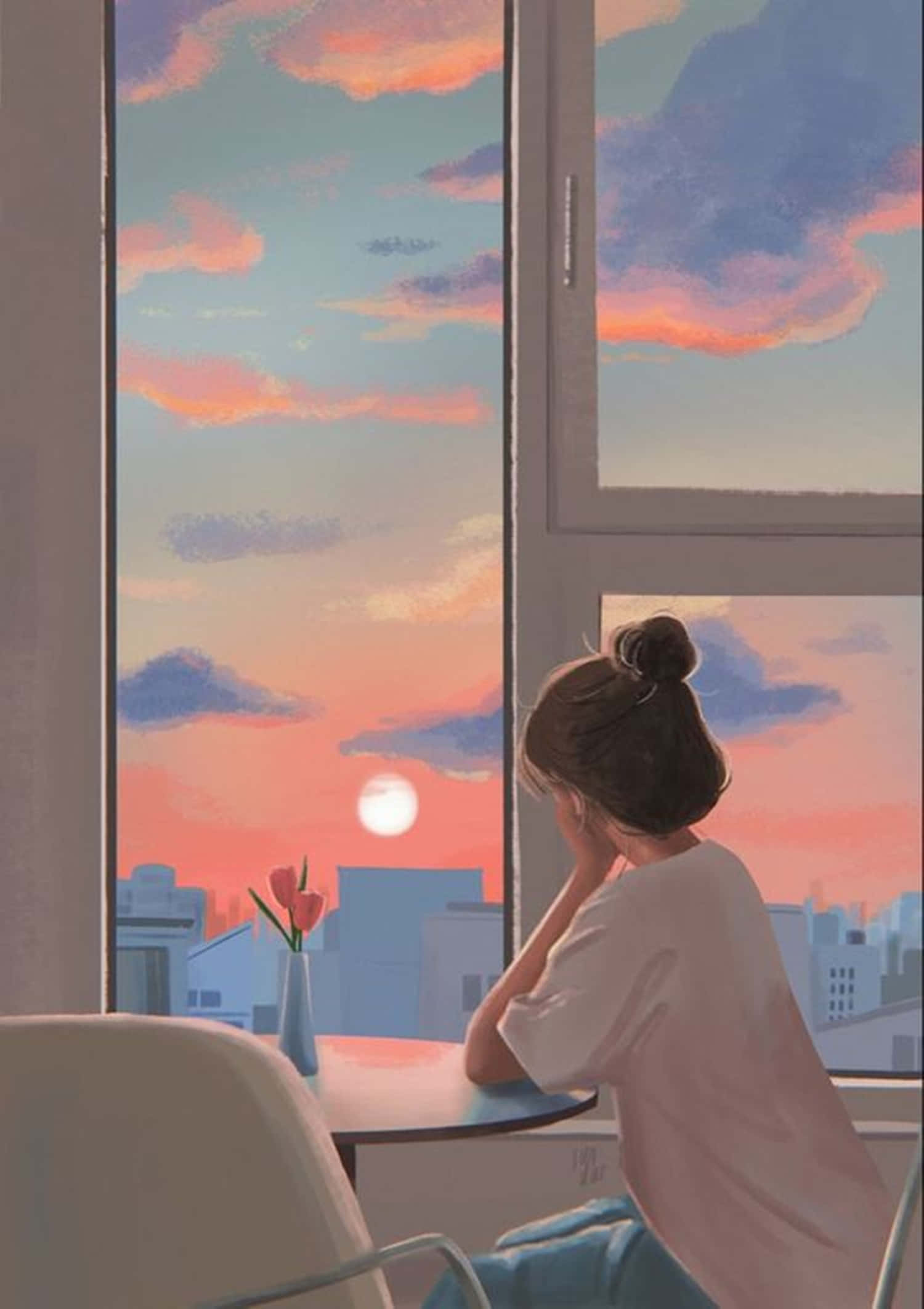 Anime Girl Aesthetic, sunset, pink orange and blue clouds, Full HD Phone Wallpaper