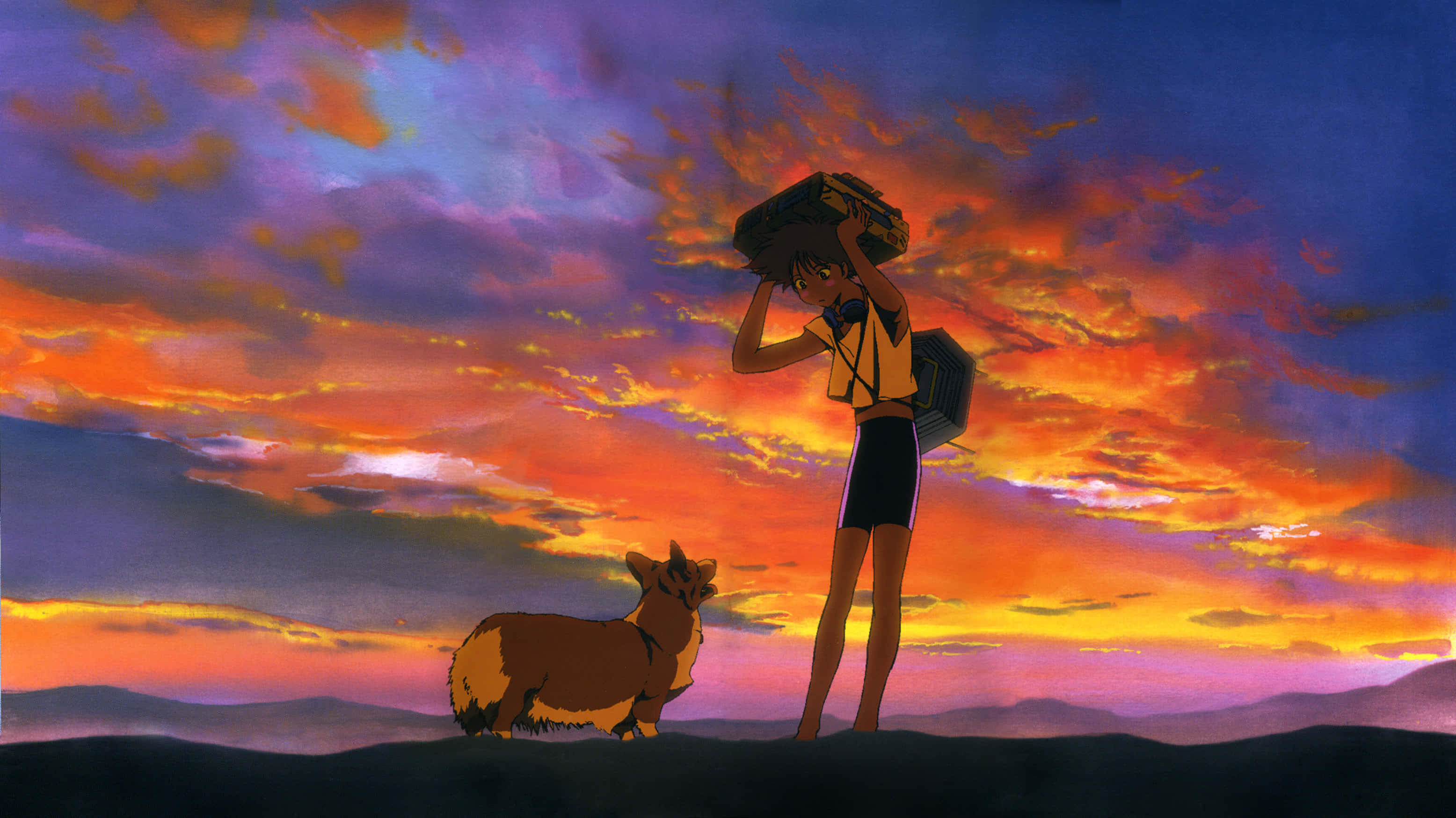 Anime Sunset, young anime girl, corgi, 2K Desktop Wallpaper