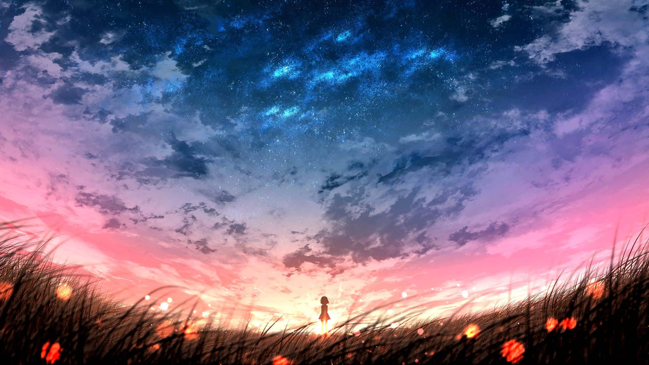 Anime Sunset, pink sky, glowing flowers, Full HD Desktop Wallpaper
