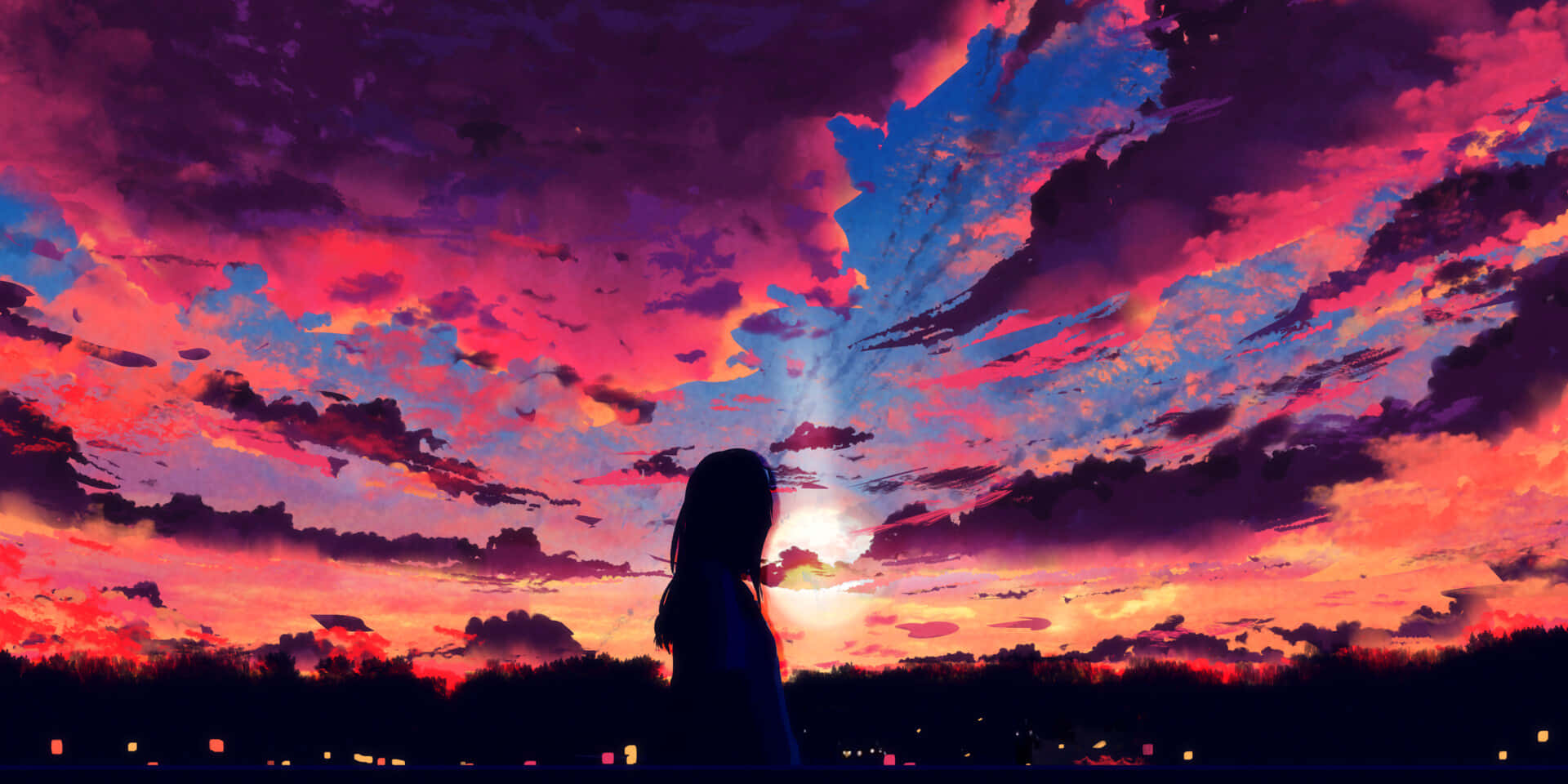 Anime Sunset, sunset sky, fiery reds, Full HD Desktop Wallpaper