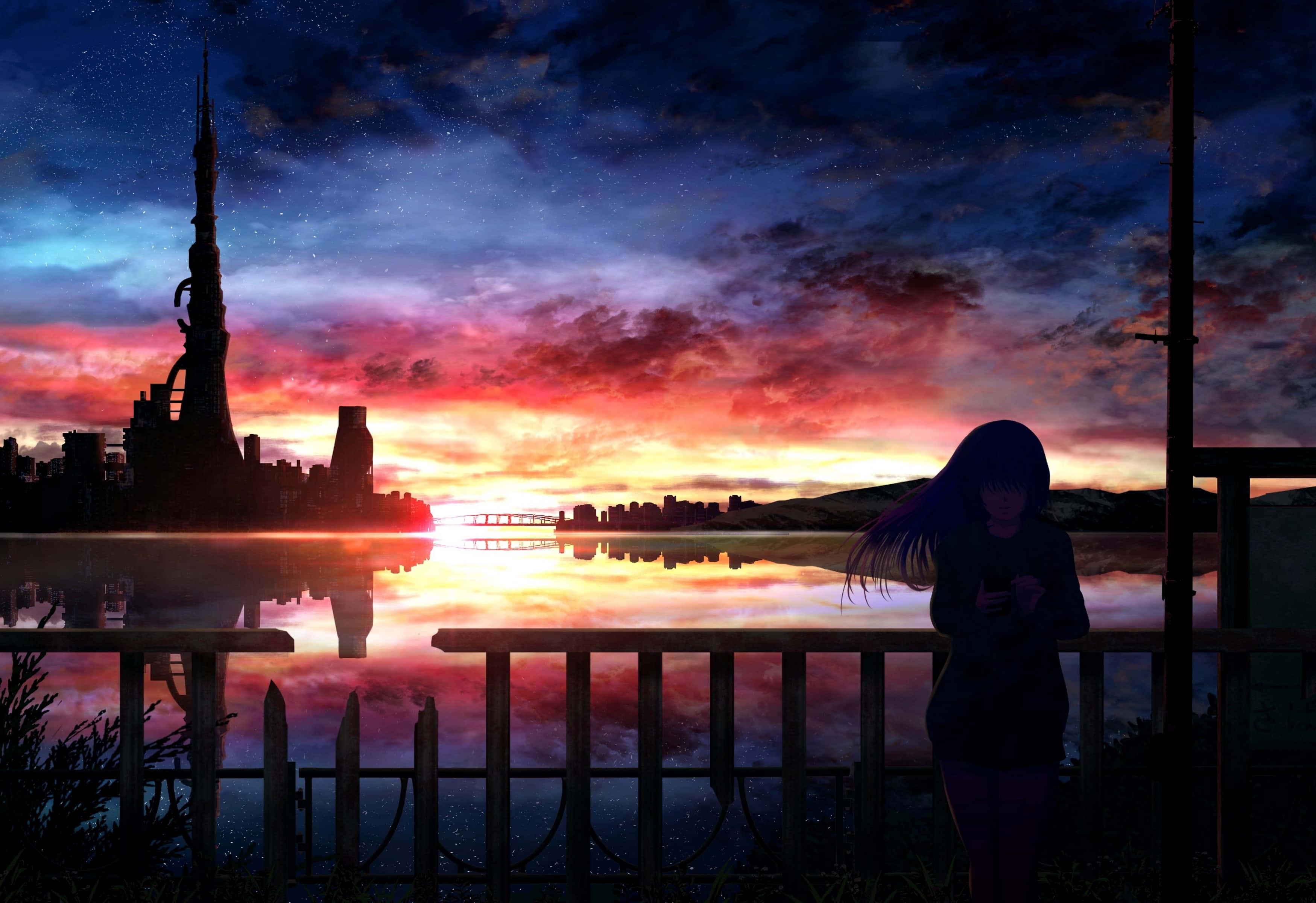 Anime Sunset, anime girl, vibrant sunset, 2K Desktop Wallpaper