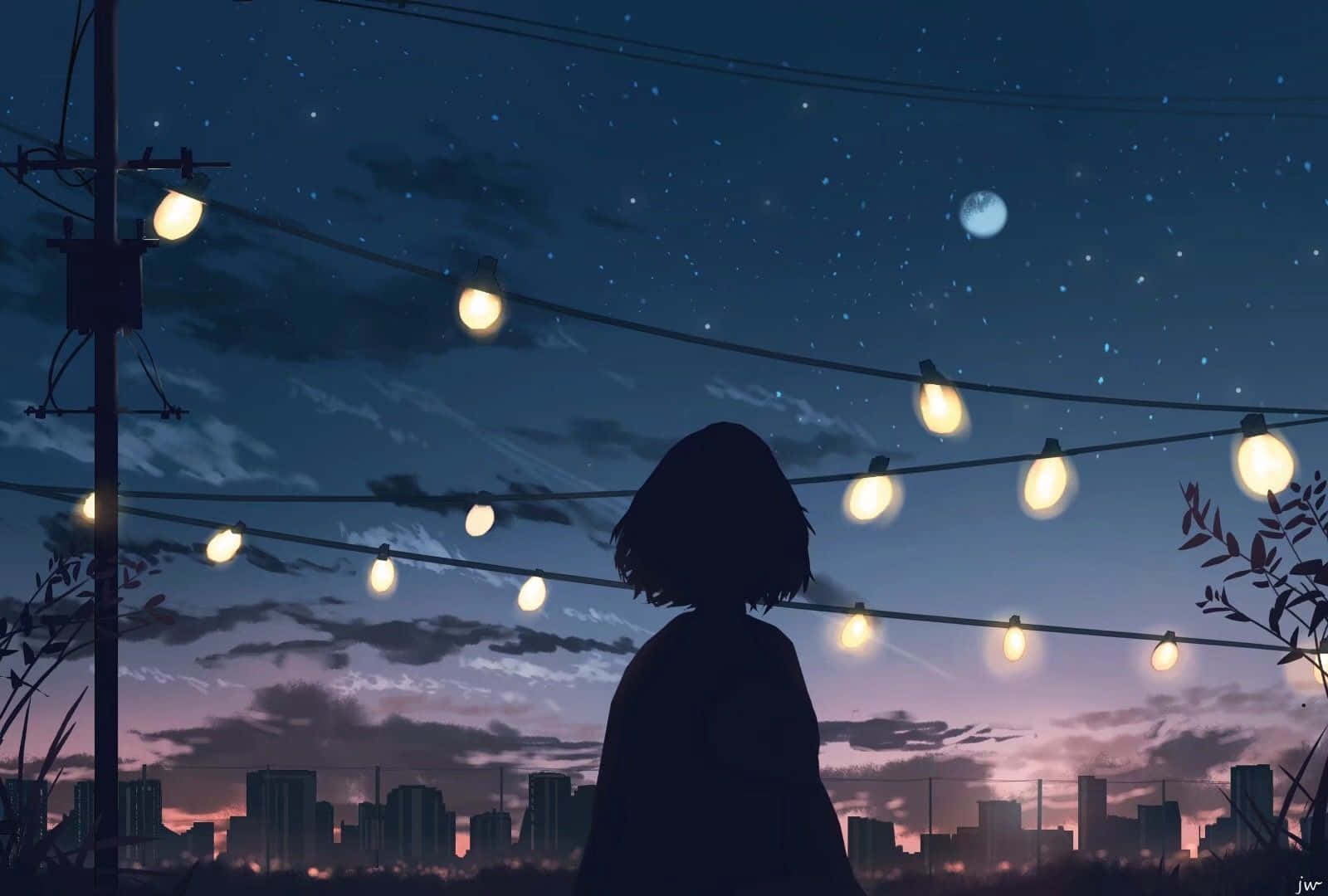 anime girl, melancholic sunset, starry twilight sky, HD Desktop Wallpaper