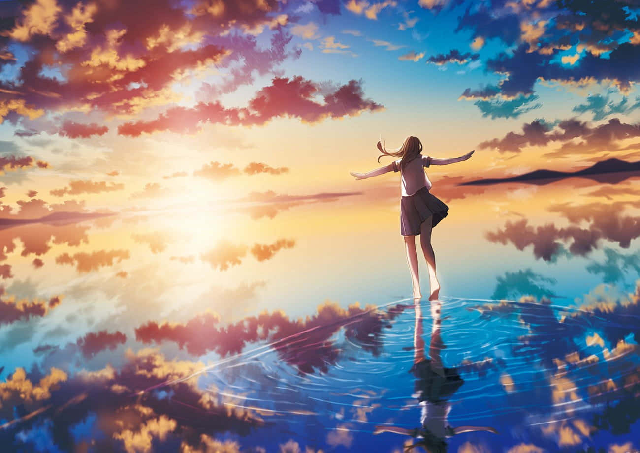 Anime Sunset, sunset, glassy lake, HD Desktop Wallpaper