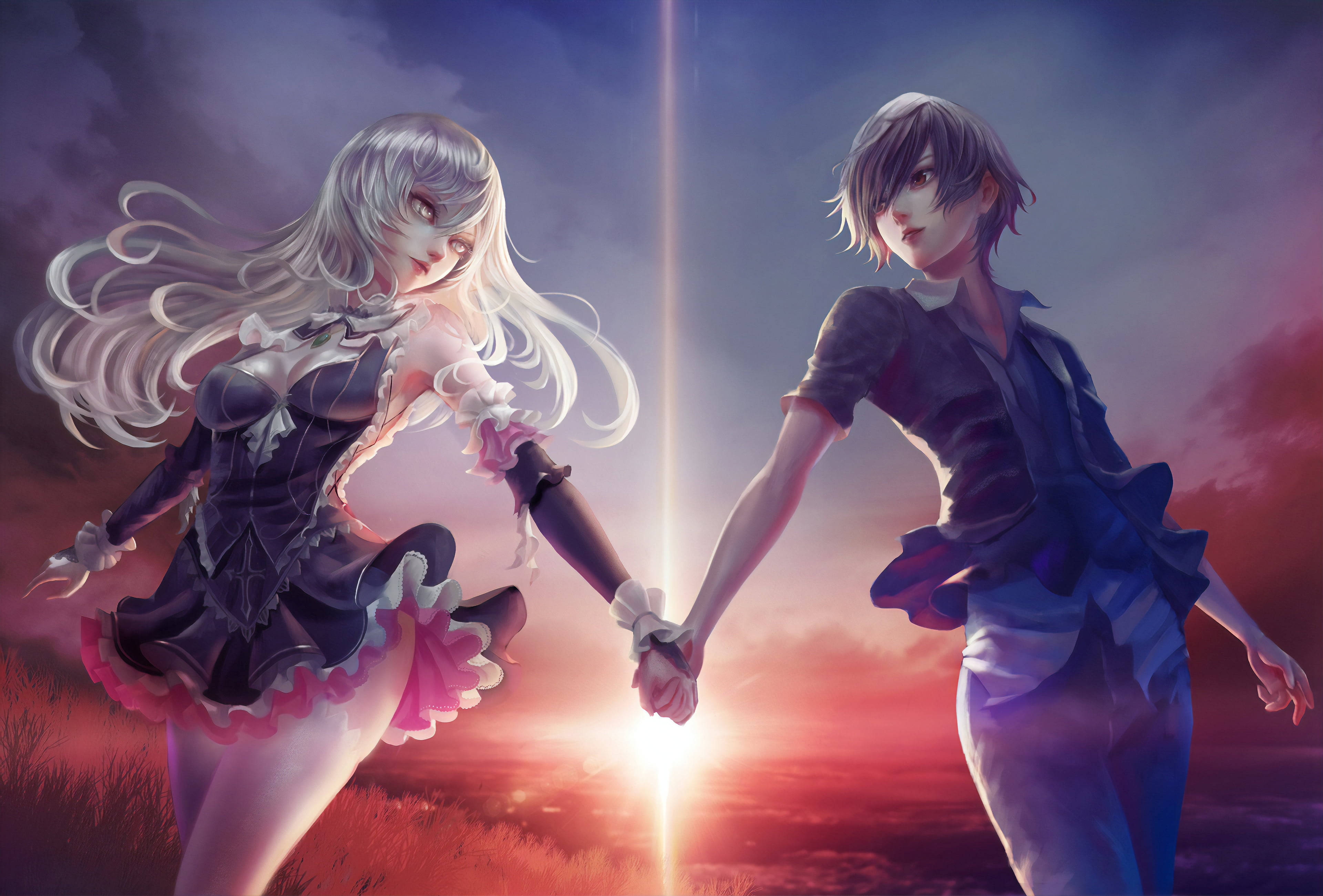 sunset aesthetic, anime couple, glowing sunset sky, 4K Desktop Wallpaper