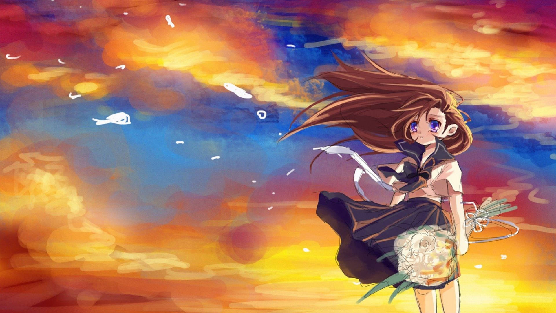 anime school girl, brown hair, vibrant sunset sky, Full HD Desktop Wallpaper