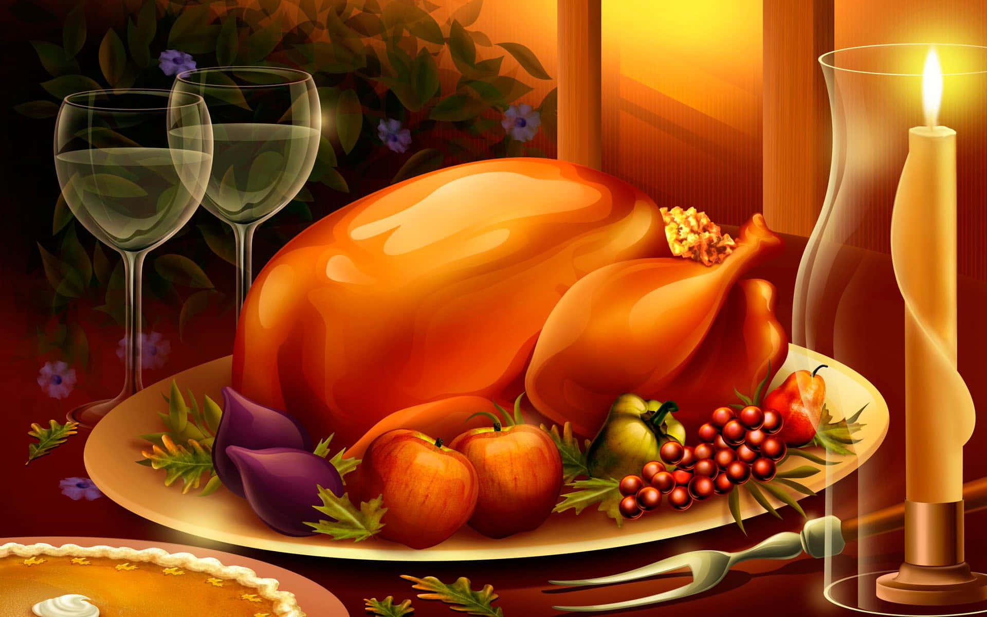 Anime Food Thanksgiving, roasted turkey, festive table, Full HD Desktop Wallpaper