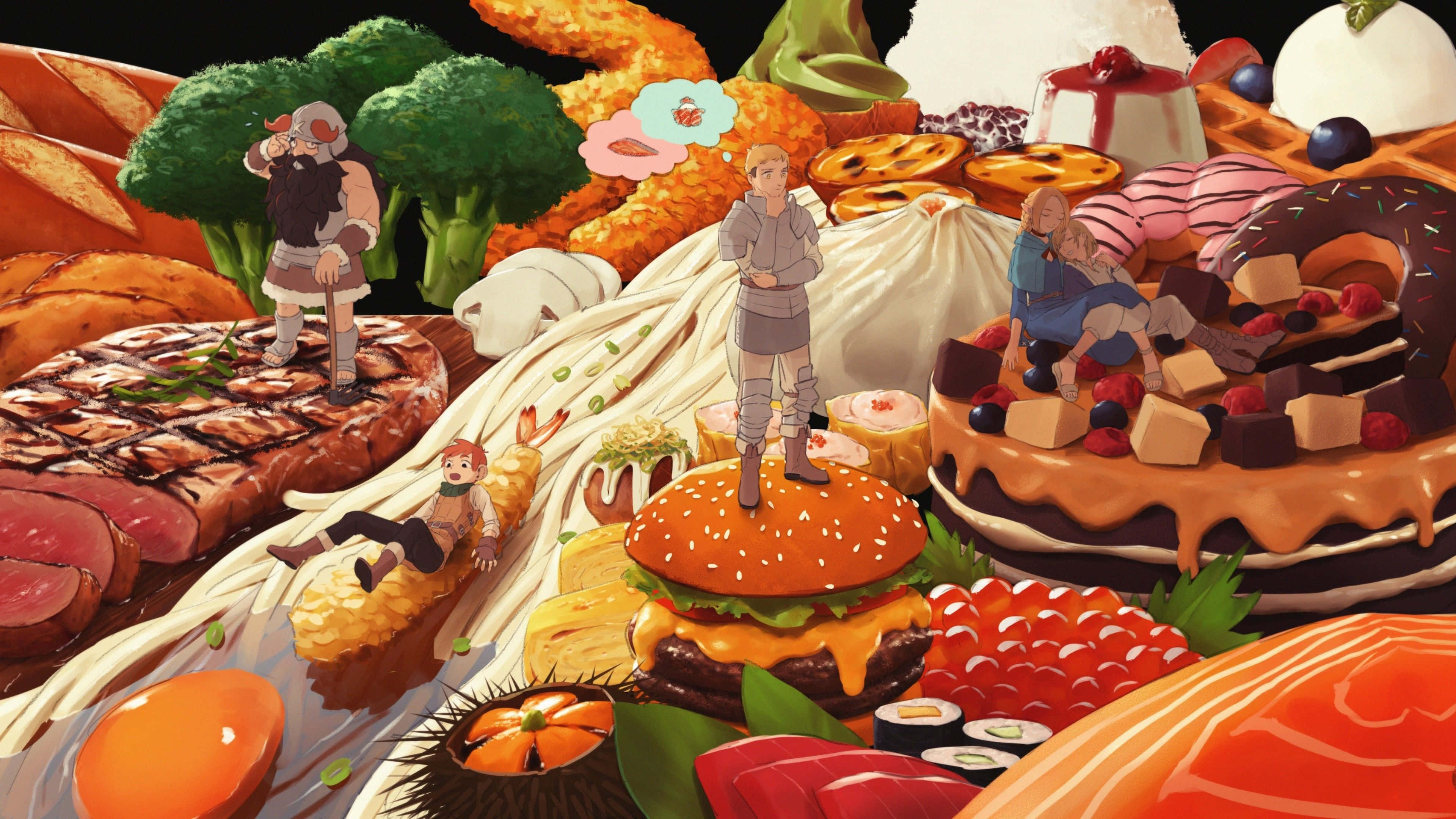 Anime Thanksgiving, Anime characters, vibrant mountain of assorted foods, 4K Desktop Wallpaper