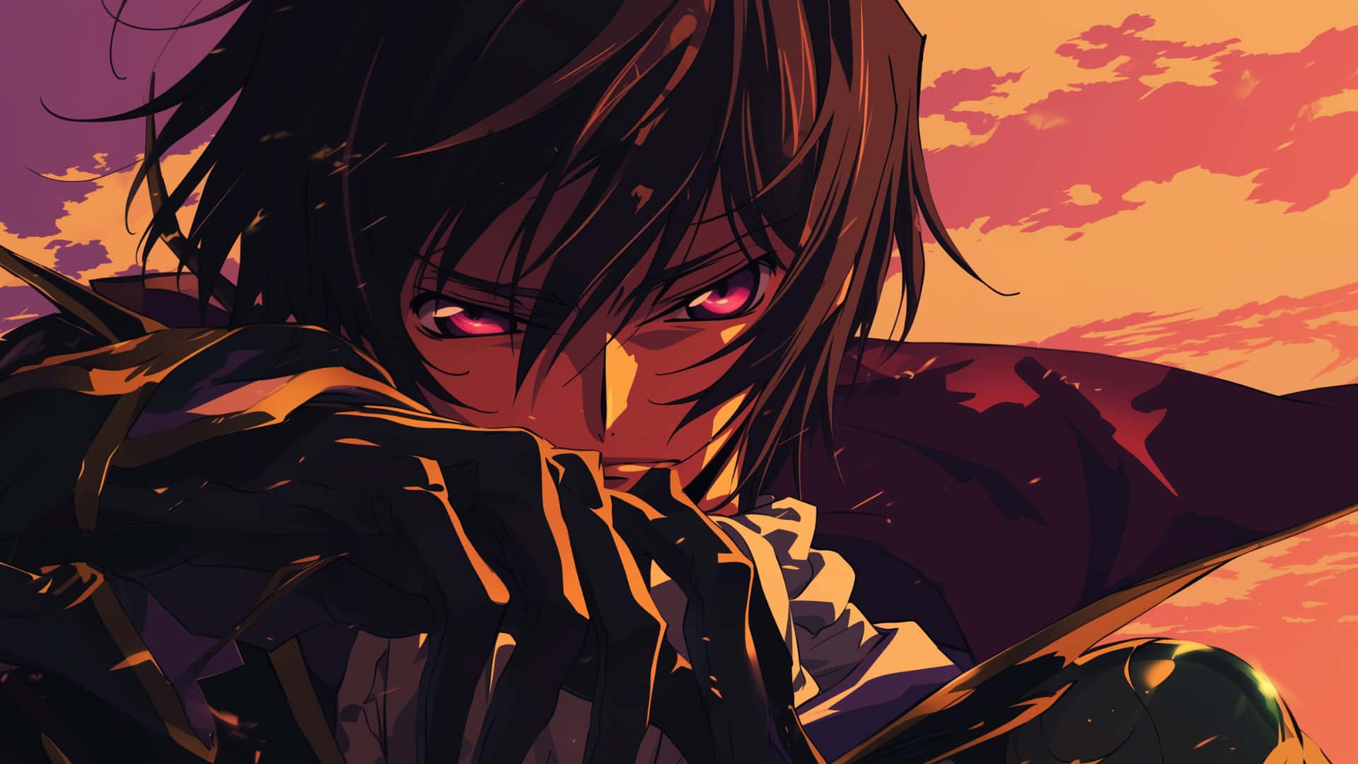 anime villain, dark-haired, glowing red eyes, Full HD Desktop Wallpaper