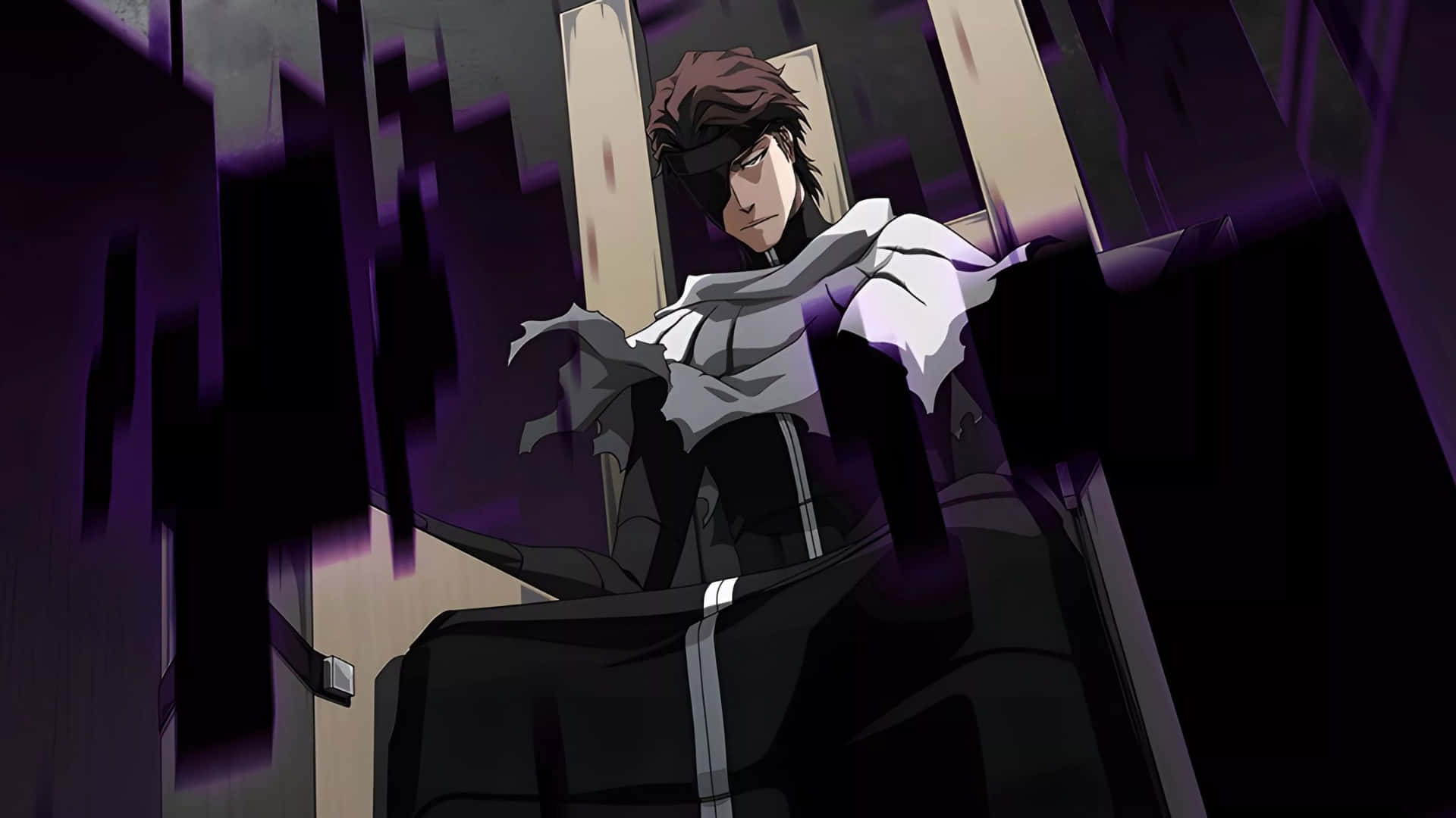 dark anime villain, black and white attire, purple-hued broken pillars, Full HD Desktop Wallpaper