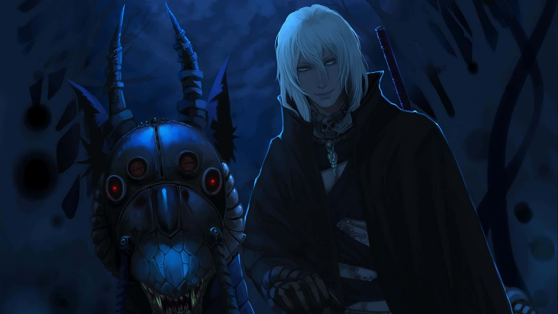 pale-haired anime warrior, dark cloak, blue armored creature, Full HD Desktop Wallpaper
